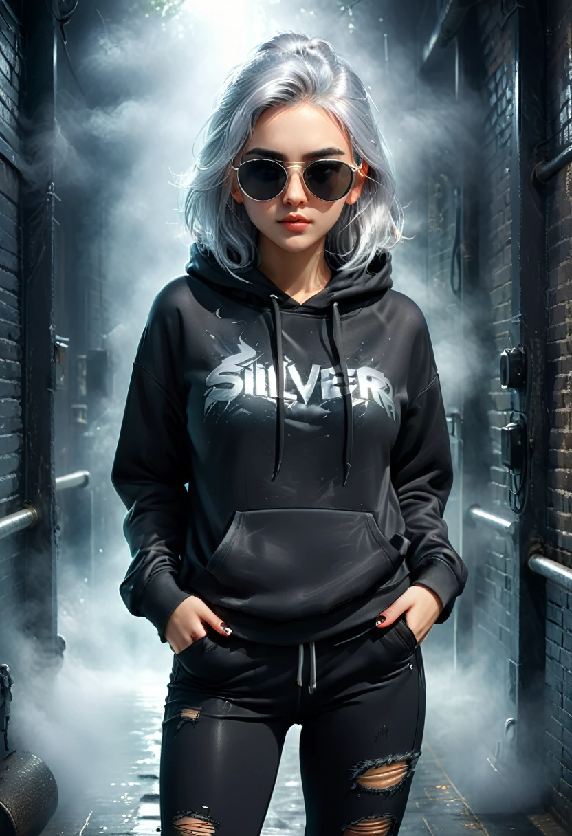 A girl with silver hair wearing a black hoodie and black pants and sunglasses puts her hands on her pants pocket. Close-up of the bar background. Animation style. Dark fog and mist effect. Film light and shadow effect texture. Complex clear high-quality masterpiece.,Extremely complex and exquisitely detailed fantasy characters, Ultra-detailed digital art, concept art