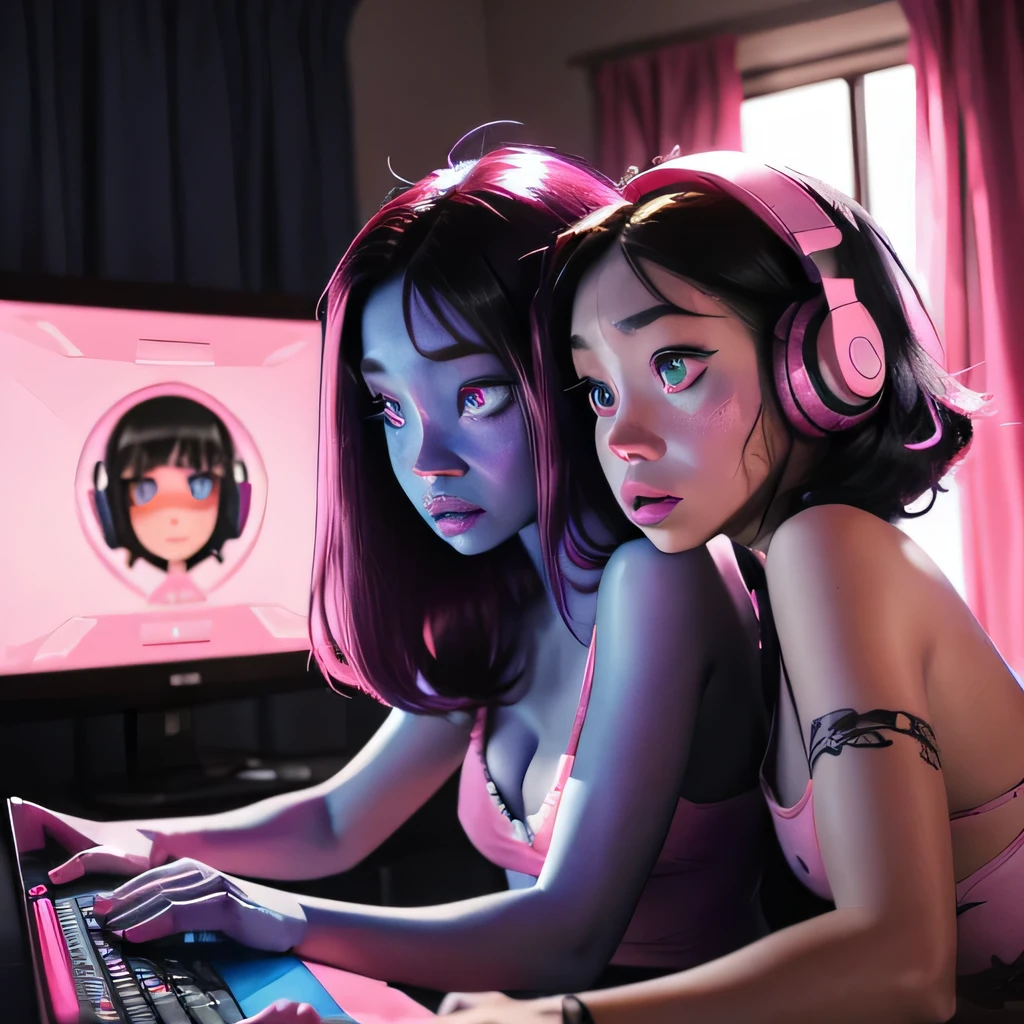 cute anime (zombie girls) with (dark purple straight hair), freckles, (((blue skin))), (((pink eyes))), cleavage, side boob. pink nose. Playing videogames with headphones in their room.