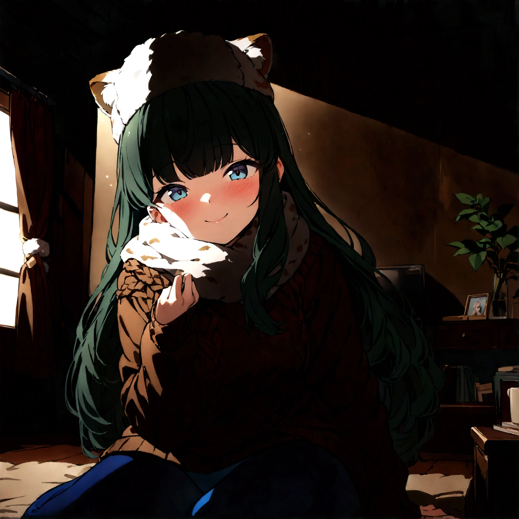 lum, solo, long hair, breasts, dark blue eyes, eyeshadow, dark green hair, bangs, tiny tiger-stripped horns, aqua hair, tsundere, a woman knitting a scarf in the living room, wearing a sweater and a ushanka hat, with a joyful and endearing expression on her face, (best quality,4k,8k, highres, masterpiece:1.2), ultra-detailed), warm lighting, cozy atmosphere, soft colors, intricate knitting details, comfortable home interior, detailed facial features, beautiful eyes and smile, joy face, tender emotion, lysitheauniform, uniform, long sleeves, blue pantyhose