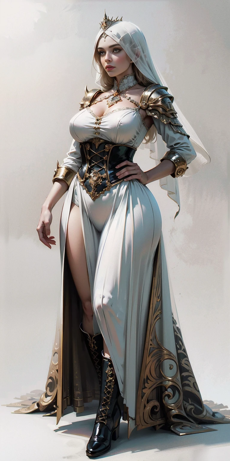 full body of a woman in a dress with a veil, feet together, standing feet together, militar boots, beautiful fantasy maiden slave warrior, beautiful fantasy art portrait, fantasy victorian art, medieval fantasy art, beautiful and elegant queen Roxxane, portrait of queen of light, fantasy portrait art, gothic fantasy art, a beautiful fantasy empress, ((white background)) hands on hips