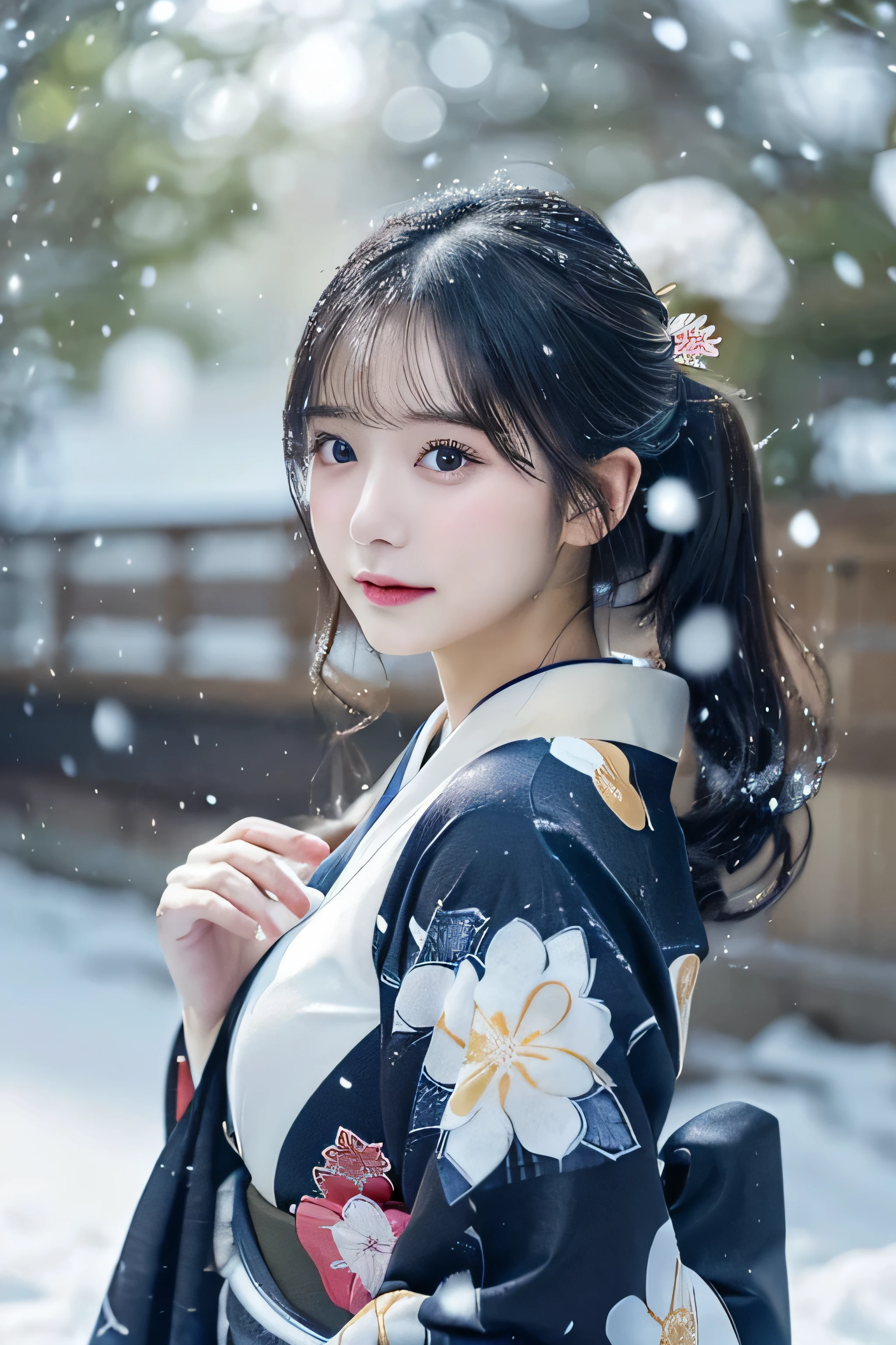 (Kawaii Kimono:1.3)、、(top-quality,masterpiece:1.3,超A high resolution,),(ultra-detailliert,Caustics),(Photorealsitic:1.4,RAW shooting,)Ultra-realistic capture,A highly detailed,high-definition16Kfor human skin、 Skin texture is natural、、The skin looks healthy with an even tone、 Use natural light and color,One Woman,japanes,,kawaii,A dark-haired,Middle hair,(depth of fields、chromatic abberation、、Wide range of lighting、Natural Shading、)、、(Falling snow:1.3)、(Hair swaying in the wind:1.3)、(Snow reflects light:1.3) 、(Large Breasts:1.3)、
