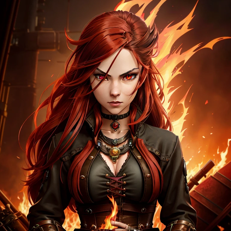 (girl with modest black and red steampunk outfit, steampunk goggles on forehead), wide shot, full body, front view, (((crimson eyes))), crimson hair, long hair, (perfect hands), gold necklace with red gem, flames surround her, wreathed in flame, global illumination, determined look at the viewer, illustrations, high-quality, ultra-detailed, vivid colors, portraits, warm color tones, soft lighting, long flowing red hair, leather corset, mechanical accessories, industrial background, intense expression, flaming red eyes, (infernal aura), standing before a roaring bonfire, passionate expression, twilight, fiery landscape, crackling flames, intense atmosphere, (crackling embers), (dancing flames), Ignia, fiery eyes, background of blazing inferno