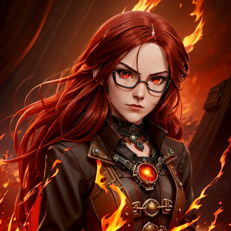 (girl with modest black and red steampunk outfit, steampunk goggles on forehead), wide shot, full body, front view, (((crimson eyes))), crimson hair, long hair, (perfect hands), gold necklace with red gem, flames surround her, wreathed in flame, global illumination, determined look at the viewer, illustrations, high-quality, ultra-detailed, vivid colors, portraits, warm color tones, soft lighting, long flowing red hair,  leather corset, mechanical accessories, industrial background, intense expression, flaming red eyes, (infernal aura), standing before a roaring bonfire, passionate expression, twilight, fiery landscape, crackling flames, intense atmosphere, (crackling embers), (dancing flames), Ignia, fiery eyes, background of blazing inferno