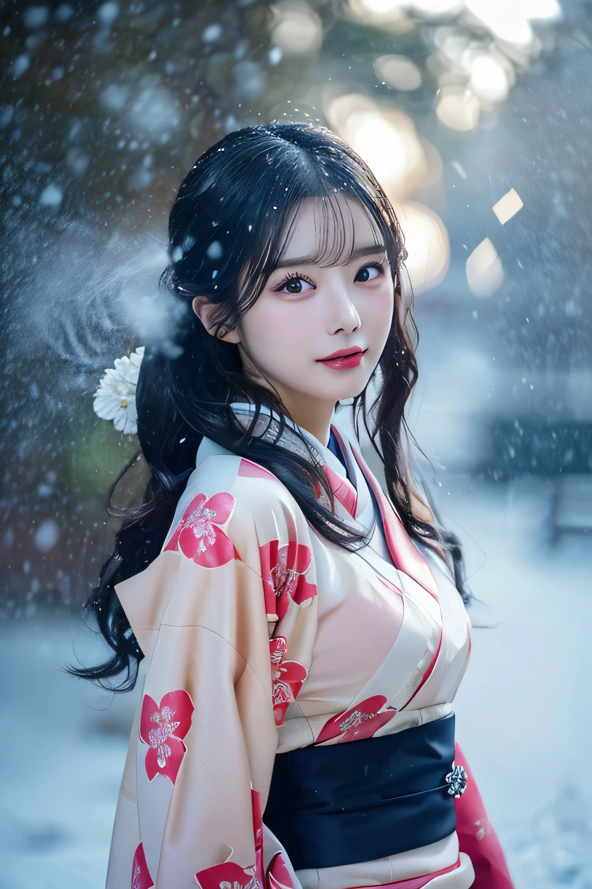 (Kawaii Kimono:1.3)、、(top-quality,​masterpiece:1.3,超A high resolution,),(ultra-detailliert,Caustics),(Photorealsitic:1.4,RAW shooting,)Ultra-realistic capture,A highly detailed,high-definition16Kfor human skin、 Skin texture is natural、、The skin looks healthy with an even tone、 Use natural light and color,One Woman,japanes,,kawaii,A dark-haired,Middle hair,(depth of fields、chromatic abberation、、Wide range of lighting、Natural Shading、)、、(Falling snow:1.3)、(Hair swaying in the wind:1.3)、(Snow reflects light:1.3)  、(Large Breasts:1.3)、