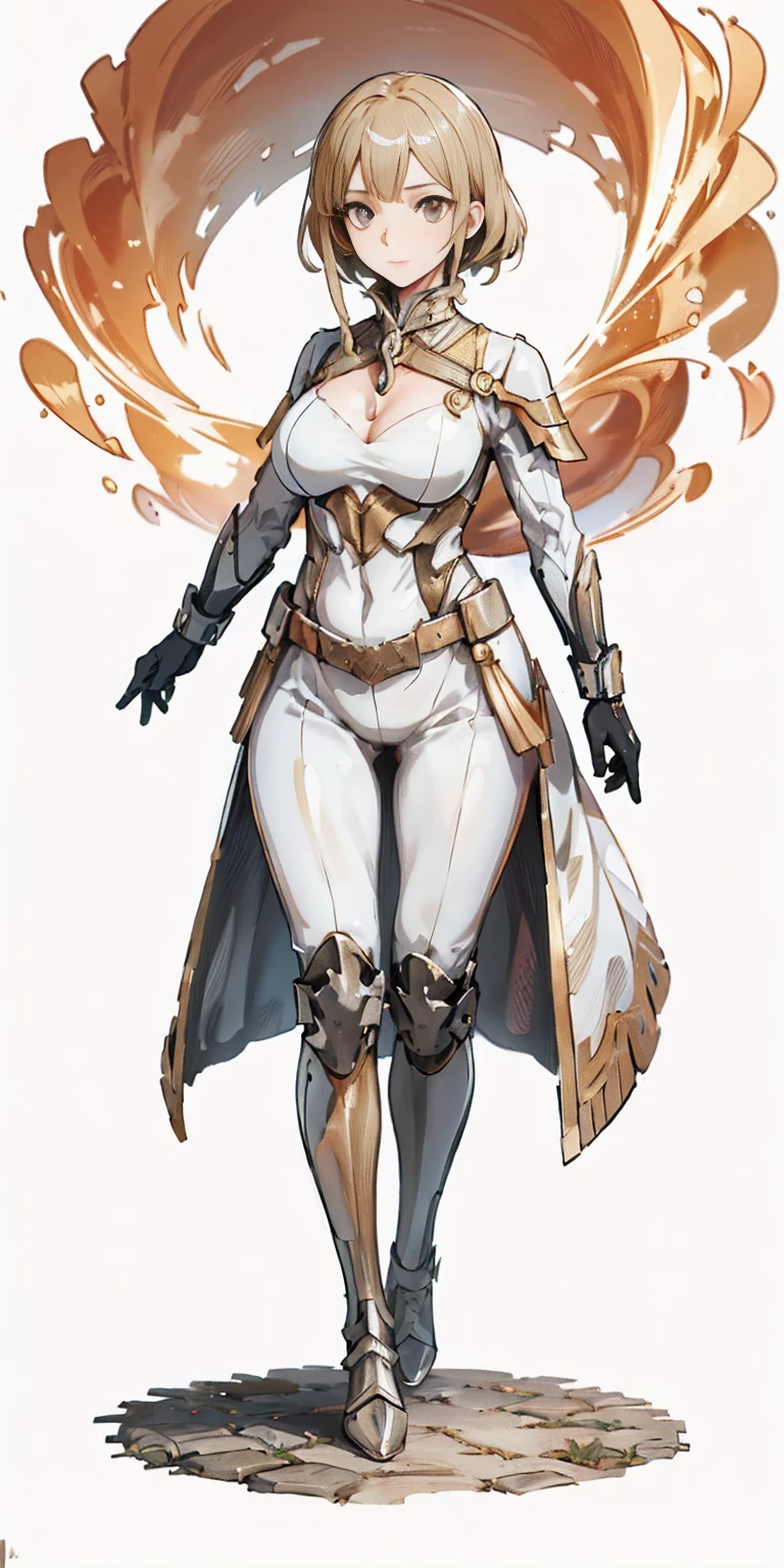 (Masteriece, full body of a woman in gold and white armor, plain background:1.2)