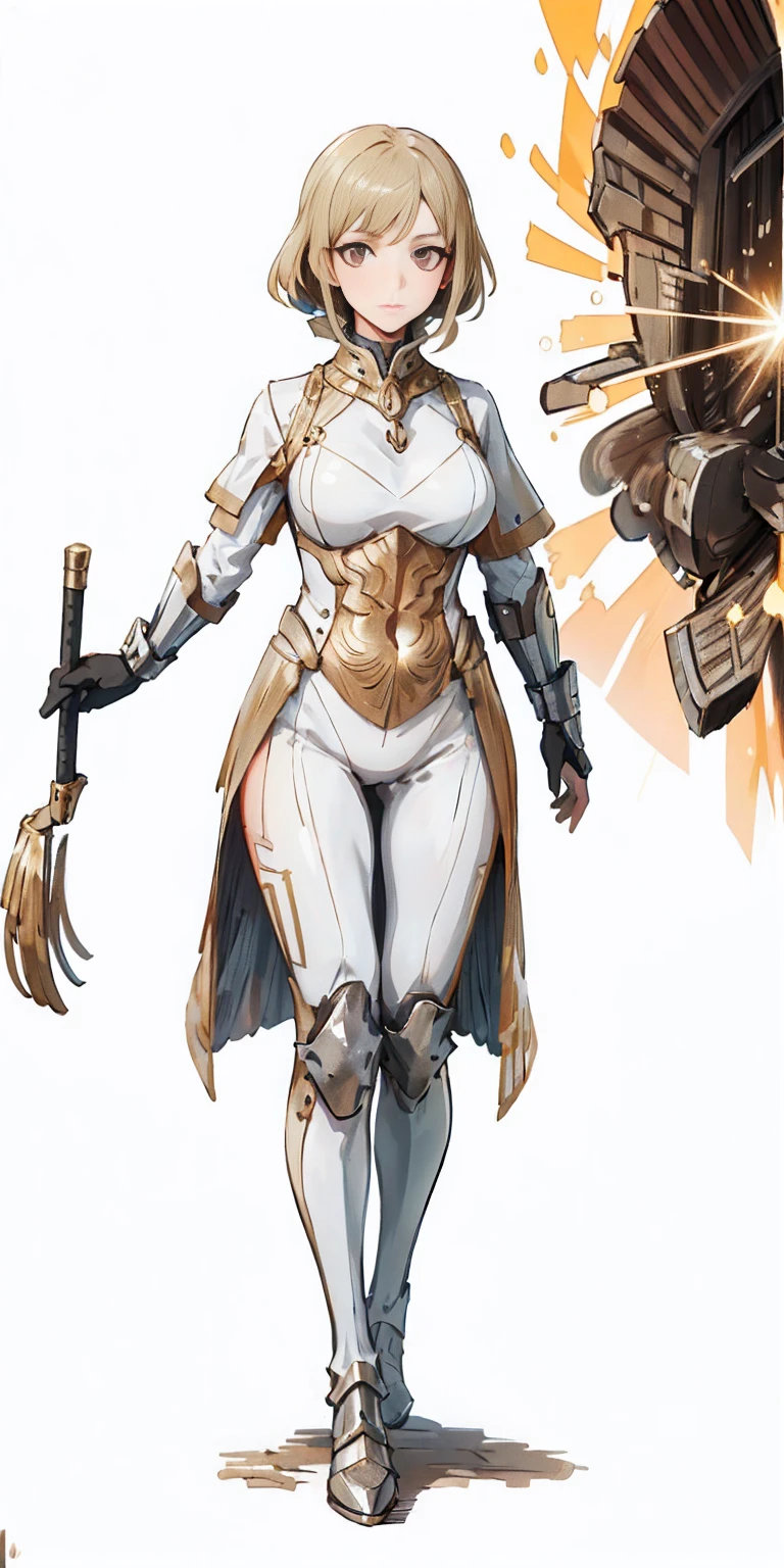 (Masteriece, full body of a woman in gold and white armor, plain background:1.2)