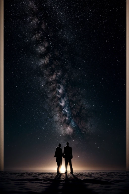 Masterpiece, (a captivating image), a dark and starry background reveals a vast continent covered in snow and mist along the horizon. At the center of the image, an intriguing silhouette stands out: the figures of Prince Ethan and the Astrologer Orion, side by side, gazing toward the horizon with determination. Their silhouettes are highlighted by a subtle glow emanating from the stars above. Around them, sketches of constellations seem to dance, suggesting a mysterious connection between the characters' destinies and the secrets of the universe. The title "Star Mist: The Enigma of Guaraci" is boldly inscribed in elegant white letters, enhanced with a delicate mist