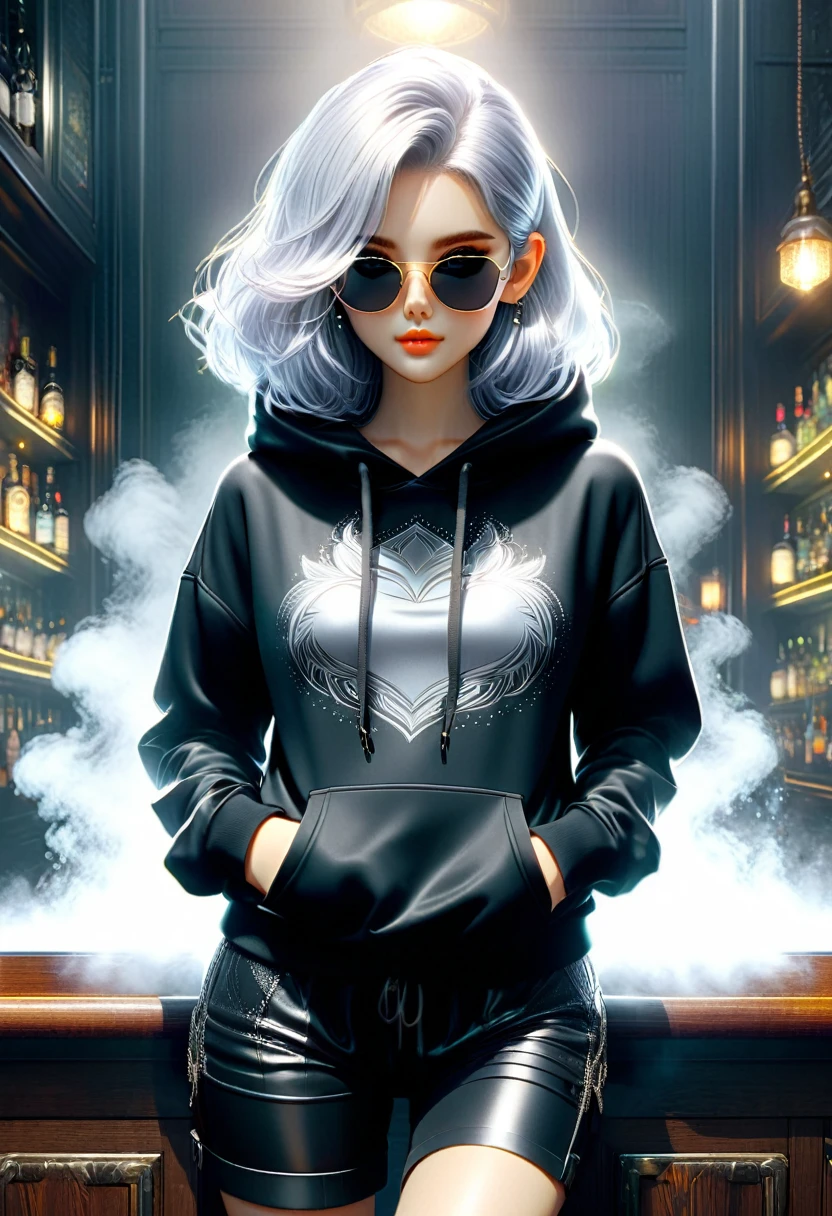 A girl with silver hair wearing a black hoodie and black pants and sunglasses puts her hands on her pants pocket. Close-up of the bar background. Animation style. Dark fog and mist effect. Film light and shadow effect texture. Complex clear high-quality masterpiece.,Extremely complex and exquisitely detailed fantasy characters, Ultra-detailed digital art, concept art
