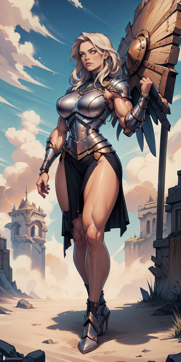 full body standing symmetrical beautiful woman, hyper realistic, 1girl, Asghar, Valkyrie, Lady Knight, correct anatomy, epic fantasy digital art, masterpiece, 8k, high definition resolution, detailed drawing, superior quality, epic composition, muscular body, muscular turned arms behind body