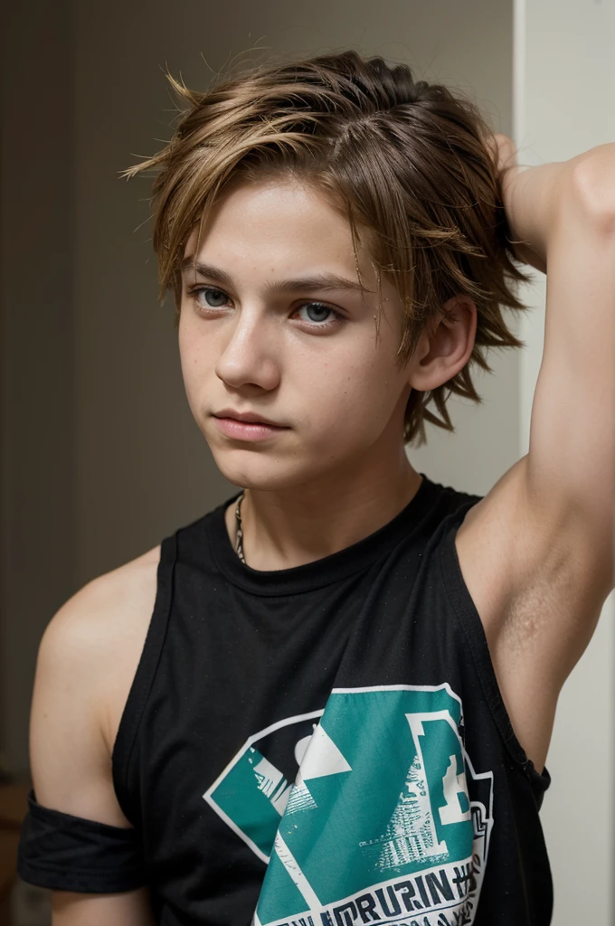 Thirteen-year-old boy hair like Bakugo's black color left eye color green right eye color blue clothing style dark slim body exercised skin type trigeo perfect face and perfect body