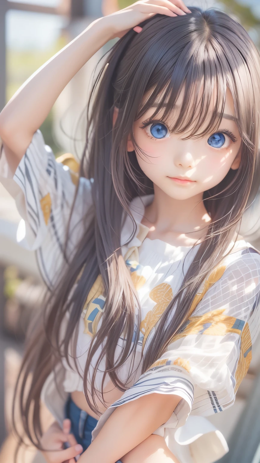 Unparalleled beauty, Shiny、Tightened、Glowing Skin, Bangs between the eyes, Shiny真っ直ぐな美しいプラチナブロンド, Super long straight silky hair, eyeliner, Sexy, beautiful and pure 14 year old, High resolution big beautiful bright blue eyes, beautiful and adorable girl, Baby Face, Short sleeve shirt
