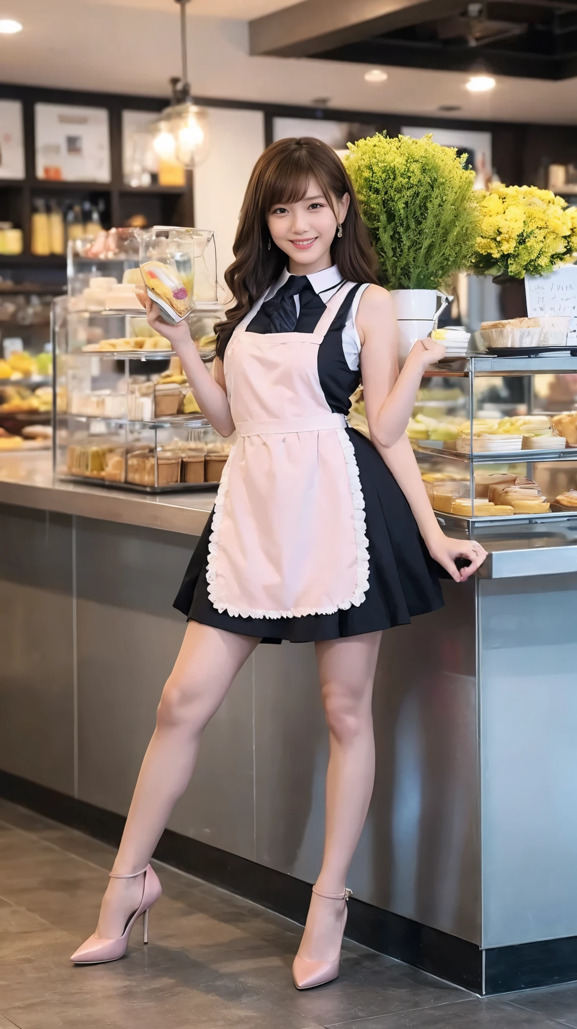 A bunny girl in a light pink maid outfit working at a maid cafe:1.5，The best smile:1.5，Full Body Shot:1.5，Gray background:1.5，Wearing black high heels:1.5，Brown hair, short cut, side wavy:1.5，Honda Tsubasa:1.5，crouch:1.5