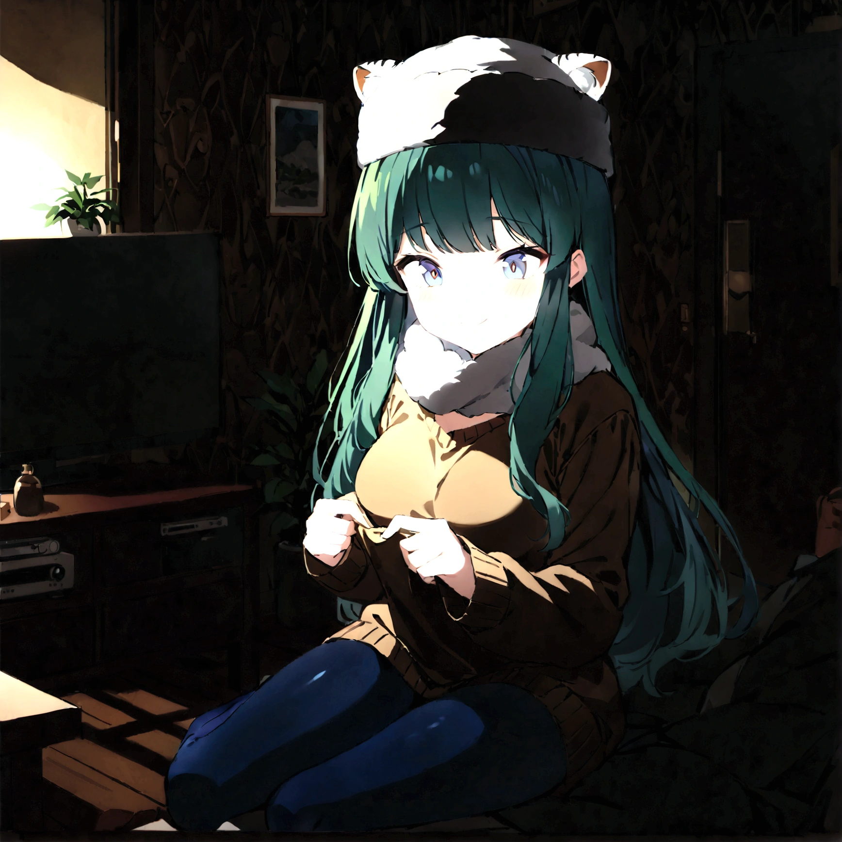 lum, solo, long hair, breasts, dark blue eyes, eyeshadow, dark green hair, bangs, tiny tiger-stripped horns, aqua hair, tsundere, a woman knitting a scarf in the living room, wearing a sweater and a ushanka hat, with a joyful and endearing expression on her face, (best quality,4k,8k, highres, masterpiece:1.2), ultra-detailed), warm lighting, cozy atmosphere, soft colors, intricate knitting details, comfortable home interior, detailed facial features, beautiful eyes and smile, joy face, tender emotion, lysitheauniform, uniform, long sleeves, blue pantyhose