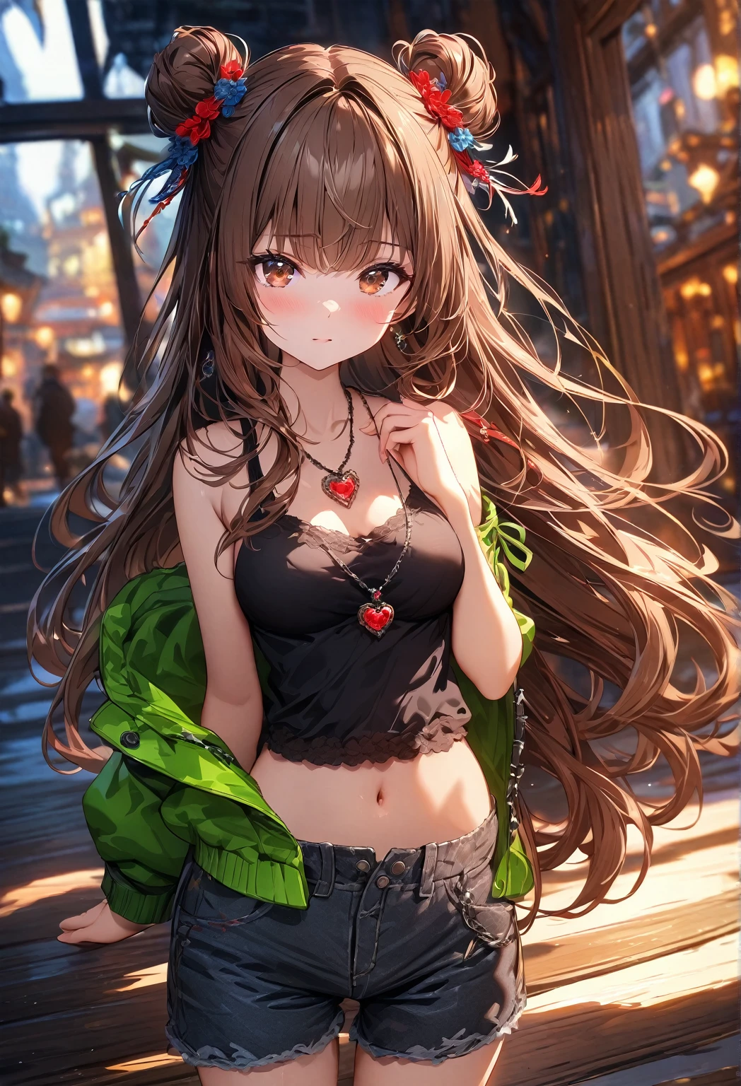 (best quality, top details, high quality, detailed, highest quality, 4k, 8k resolution, highres, ultra fine painting, masterpiece:1.2), digital art, 8k CG wallpaper, CG, detailed background, absurd resolution, epic lighting, RAW photo, POV shot, sharp focus, HDR, UHD, professional photography, good lighting, soft light, soft colors, looking at viewer, detailed lights and shadows, niji style, stylish, ultra, ultra-detailed, trending art, master crafted, blurry background, pose, (top quality, details), solo, 1 girl, A nervous girl, (medium breasts:1.2), tight bust, flushtered, nice hips, nice body, casual, innocent teen, (cute, slim, nervous face), brown hair, long flowing hair, twin buns hairstyle, long bangs, (long hair), middle hair bangs, brown eyes, full body, ((black string tanktop:1.2), off shoulder green open hoodie, shorts), one big red gem heart necklace