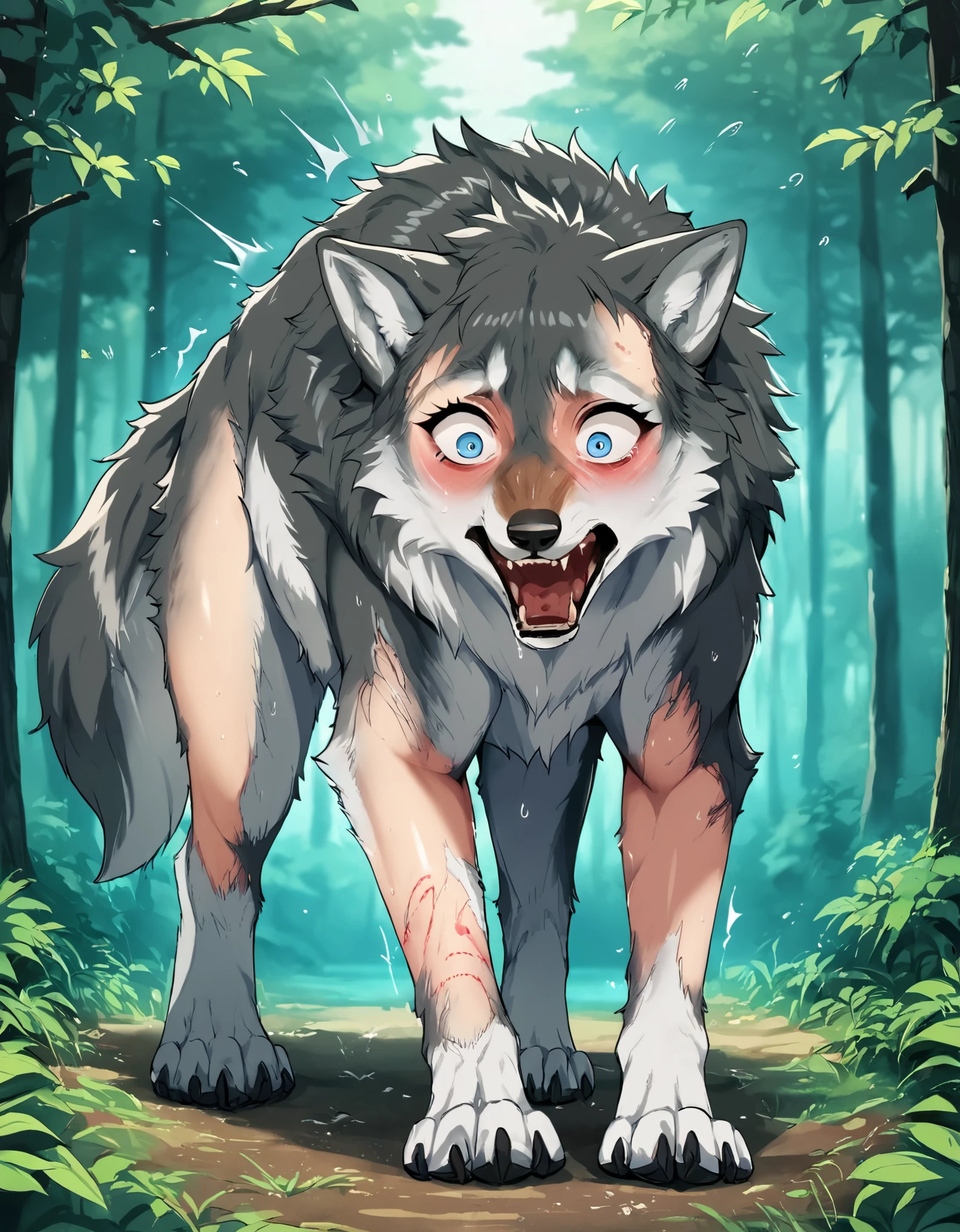 score_9, score_8_up, score_7_up, score_6_up, source_anime, furry female, solo, dagasi_style, looking shocked, looking surprised, painful expression, (an adult human female is getting transformed into a gray wolff), an adult human female is getting transformed into a feral wolf , (transformation), at a forest, day time, wolf tail, detailed fur, very fluffy, blue eyes, wolf face, on all fous, feral wolf, feral transformation, white fur, fur covering human tan skin, wolf bite mark on right arm, wolf muzzle pushing out , full body, standing on all fours