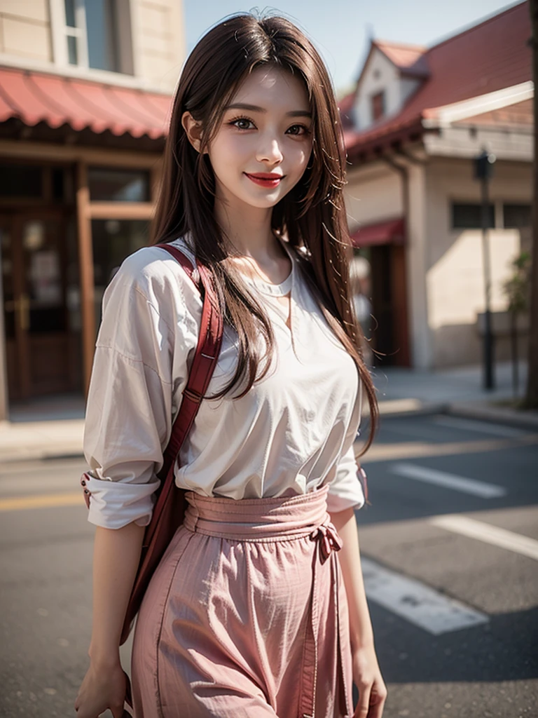 (girl,day view),(pretty,very long hair),(best quality,Super fine details),(romantic,colorful)，Symmetrical charming eyes, smile, walking pos