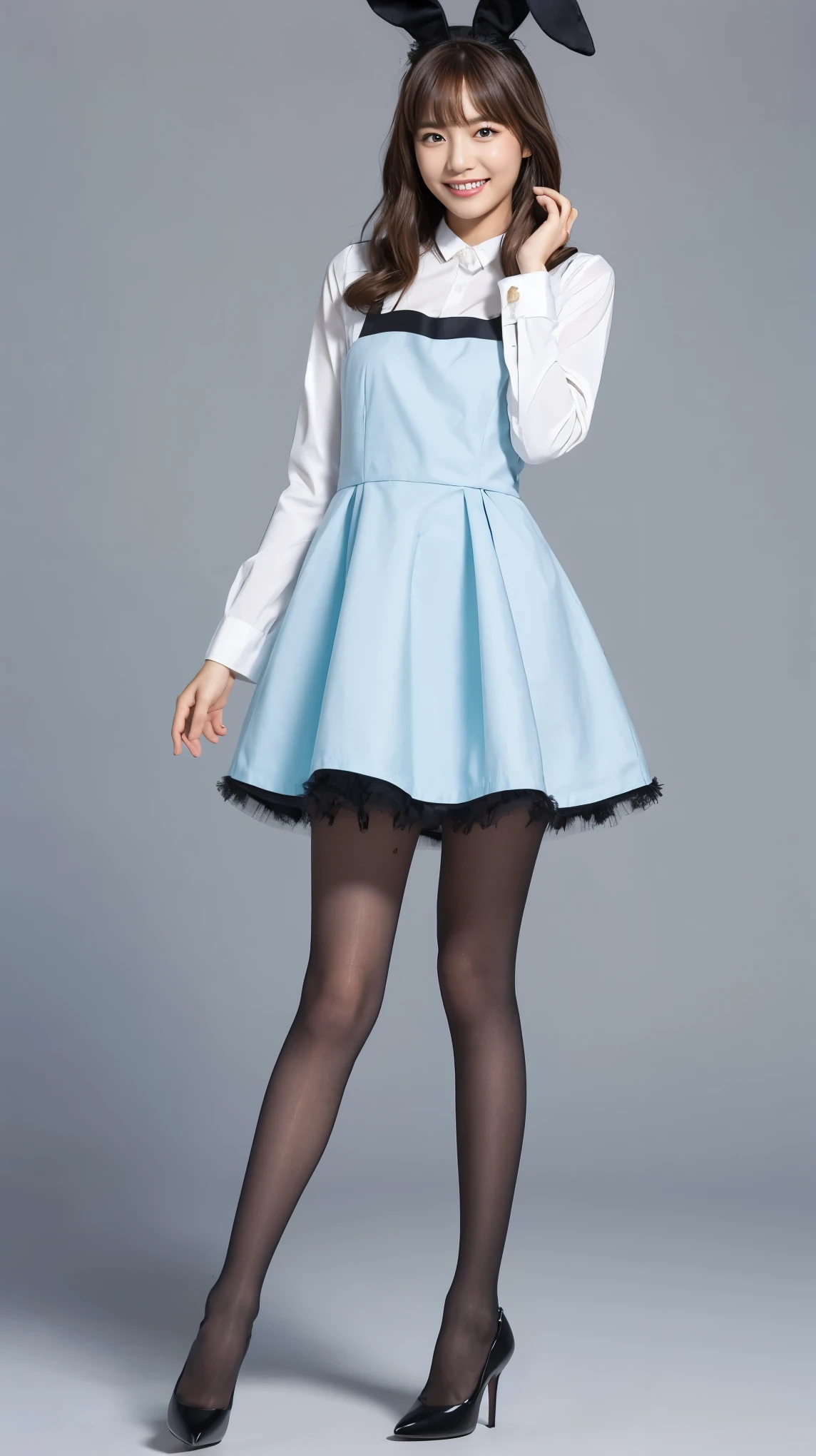 Bunny girl in light blue maid outfit:1.5,Wearing light blue tights:1.5,The best smile:1.5,Full Body Shot:1.5,Gray background:1.5,Wearing black high heels:1.5,Short cut side wave:1.5,