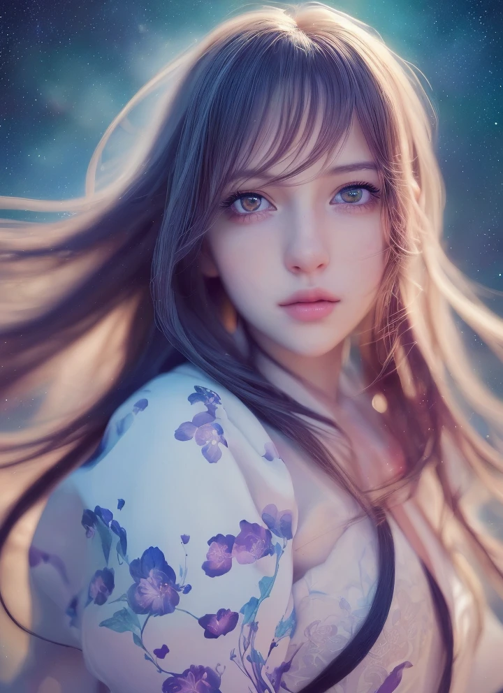 1girl, standing on earth, looking up at night sky, shimmering stars, beautiful detailed eyes, beautiful detailed lips, extremely detailed eyes and face, long eyelashes, serene expression, dreamlike, Makoto Shinkai-esque style, Cyril Rolando's artistic flair, vibrant colors, dynamic composition, tranquil, (best quality,4k,8k,highres,masterpiece:1.2),ultra-detailed,(realistic,photorealistic,photo-realistic:1.37),animal cosplay,white long hair,FINAL FANTASY,kawaii Japanese