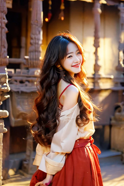 best quality,temple,light smile,1girl,sunset,long hair,straight hair,cute,girl,leaning forward,arms behind back