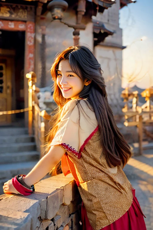 best quality,temple,light smile,1girl,sunset,long hair,straight hair,cute,girl,leaning forward,arms behind back