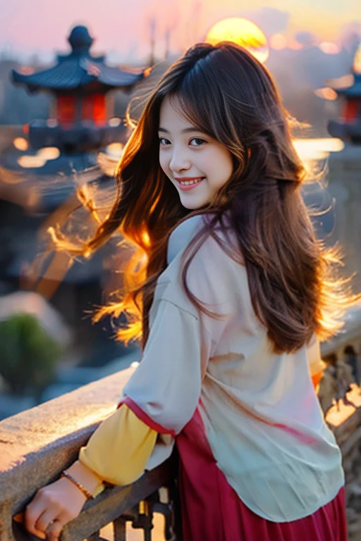 best quality,temple,light smile,1girl,sunset,long hair,straight hair,cute,girl,leaning forward,arms behind back