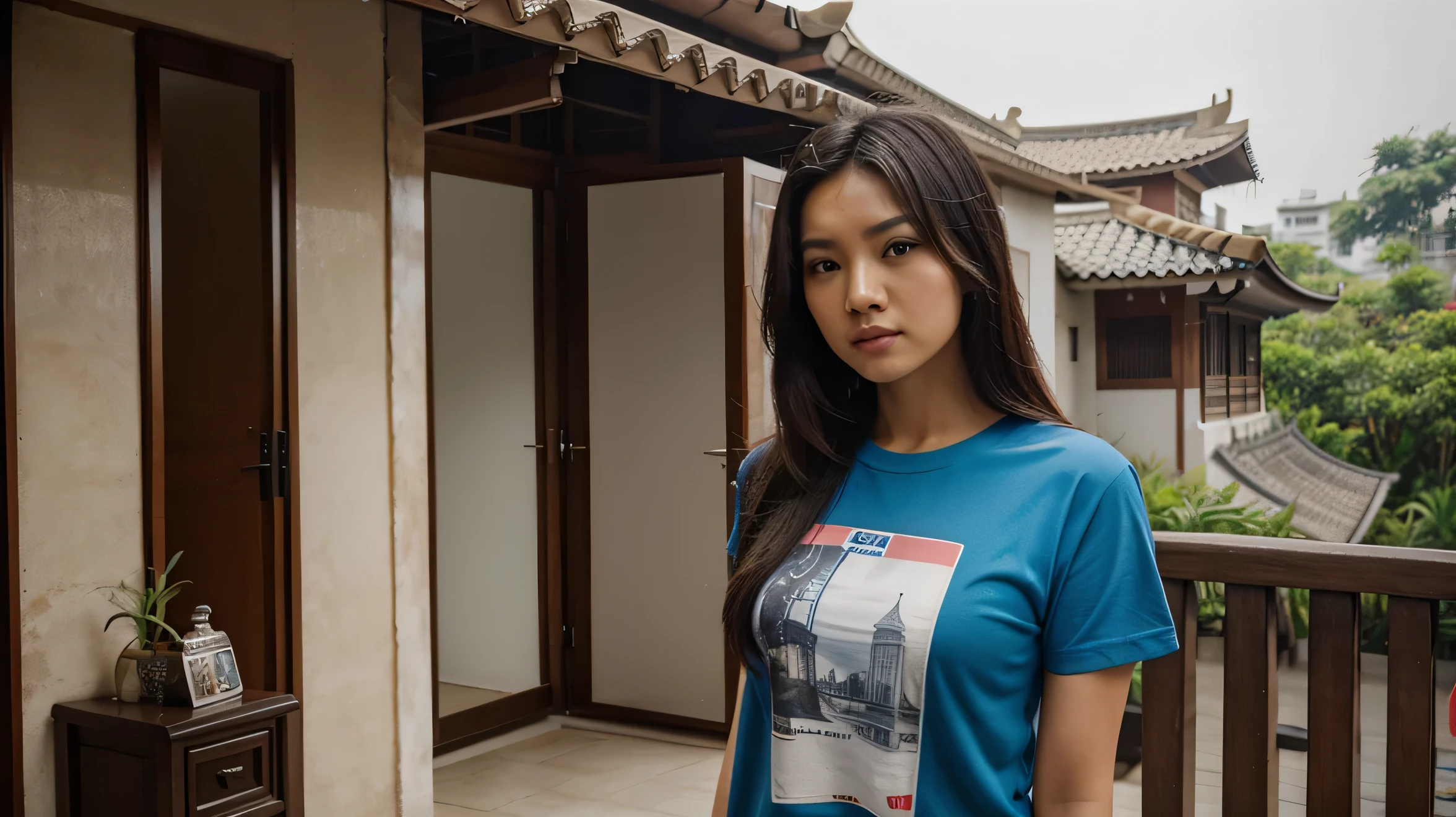 half Chinese half malay mix adult,looking at view,Tshirt,1/4 shoot