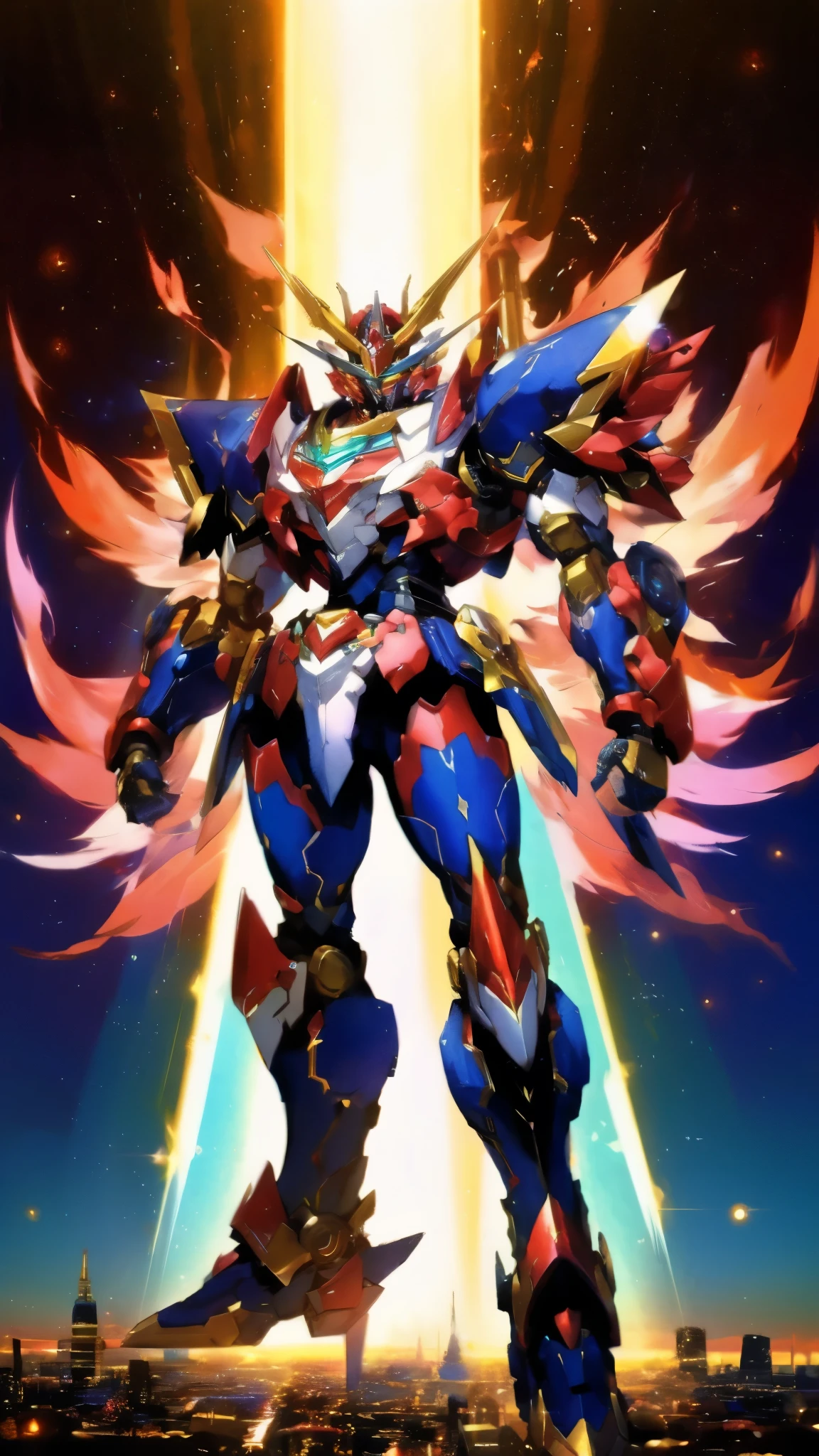 Humanoid Mecha, fully enclosed shoulder guards, matching arm and leg guards, full body, full armor, super robot, the design balances heavy with agility, (the color scheme is primarily white with red and blue accents, the concept Inspired by super robot, Lion concept chest armor, pose, standing, floating high above the futuristic sci-fi city), exquisite and mature art style, (aura effect, energy, glowing eyes, the armor glows), ((SRS)), metallic, dramatic, high definition, best quality, highres, ultra-detailed, ultra-fine painting, extremely delicate, professional, perfect body proportions, anatomically correct, symmetrical face, extremely detailed eyes and face, high quality eyes, creativity, RAW photo, UHD, 32k, Natural light, cinematic lighting, masterpiece-anatomy-perfect, masterpiece:1.5
