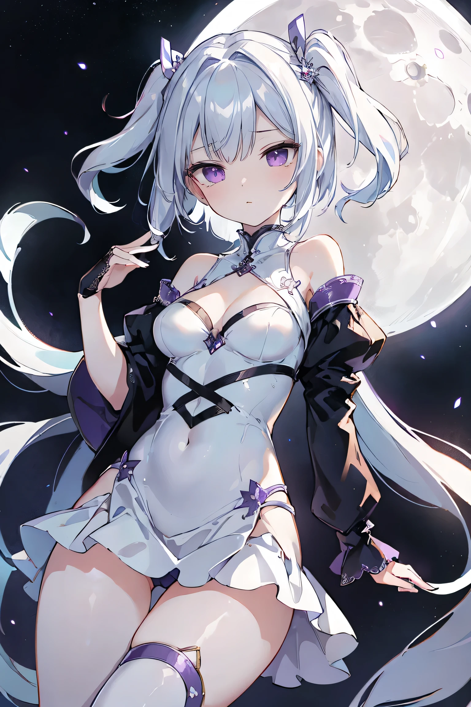 1girl, anime, cute girl, blank background, white background, fantasy, detailed fantasy dress with highlights, beautiful face, beautiful eyes, dark colors, black hair with multicolor streaks, red eye with different color pupil in eye, multicolor eye, medium breasts, slight cleavage, beautiful skin, cute, breast curtains, extremely delicate and beautiful, (beautiful detailed face:1.0), (detailed deep eyes), symmetrical breasts, deep eyes, shiny skin, portrait, slender waist, hips wider than shoulders, thighs, expressionless, young girl, luminous eyes, adorable，（Kpop idol）,（aegyo sal：1），（Platinum blonde hair：1），（（puffy eye）），Black panty，sexy posture，Superskirt, Ultra-high resolution，Black collar，slim figure, Abdominal y tattoo, womb tattoo，Tight-fitting leg ring，y tattoo on half-body，Bare skin, Armored hand，Hidden fingertips，Hand covered，Arm covered，Fist covered,{{beautiful detailed fingers}}, tufts of hair, moderate beautiful breast:1.0,(masterpiece:1.2), best quality, high-res, HDR, perfect face, intricate armor, delicate blue filigree, intricate filigree, red metalic parts, detailed part, dynamic pose, dynamic lights, cute face, neutral expression, shuimobysim, lotus, hanfu, maxi skirt, dress conservatively 1girl, solo, long blue hair, standing, One lady,years,((White hair) ,(Shiny purple bodysuit with microskirt),((Fantasy, Moon Night)), gradient_eyes,