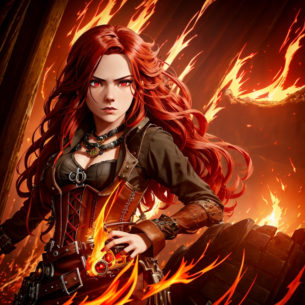 (girl with modest black and red steampunk outfit, steampunk goggles on forehead), wide shot, full body, front view, (((crimson eyes))), crimson hair, long hair, (perfect hands), gold necklace with red gem, flames surround her, wreathed in flame, global illumination, determined look at the viewer, illustrations, high-quality, ultra-detailed, vivid colors, portraits, warm color tones, soft lighting, long flowing red hair,  leather corset, mechanical accessories, industrial background, intense expression, flaming red eyes, (infernal aura), standing before a roaring bonfire, passionate expression, twilight, fiery landscape, crackling flames, intense atmosphere, (crackling embers), (dancing flames), Ignia, fiery eyes, background of blazing inferno