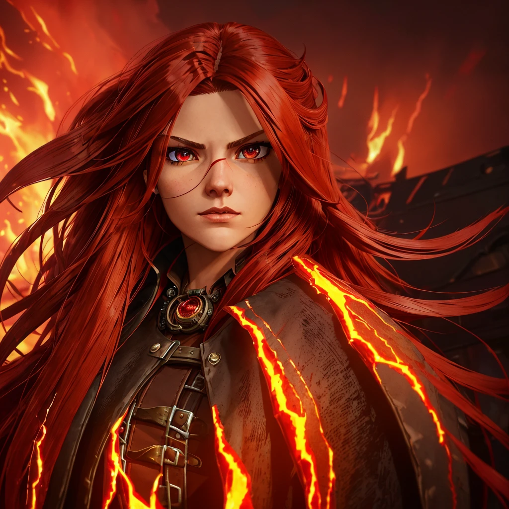 (girl with modest black and red steampunk outfit, steampunk goggles on forehead), wide shot, full body, front view, (((crimson eyes))), crimson hair, long hair, (perfect hands), gold necklace with red gem, flames surround her, wreathed in flame, global illumination, determined look at the viewer, illustrations, high-quality, ultra-detailed, vivid colors, portraits, warm color tones, soft lighting, long flowing red hair,  leather corset, mechanical accessories, industrial background, intense expression, flaming red eyes, (infernal aura), standing before a roaring bonfire, passionate expression, twilight, fiery landscape, crackling flames, intense atmosphere, (crackling embers), (dancing flames), Ignia, fiery eyes, background of blazing inferno