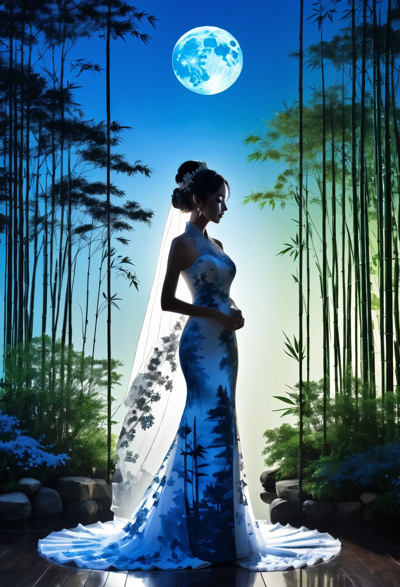 (((silhouette art:1.4))), 1Bride attire, (Double Exposure:1.3), A restaurant wedding overlooking a Japanese garden with a bamboo forest, blue Moon, (Close-up), improve, complex, (best quality, masterpiece, representative work, official art, professional, unified 8k wallpaper:1.3)