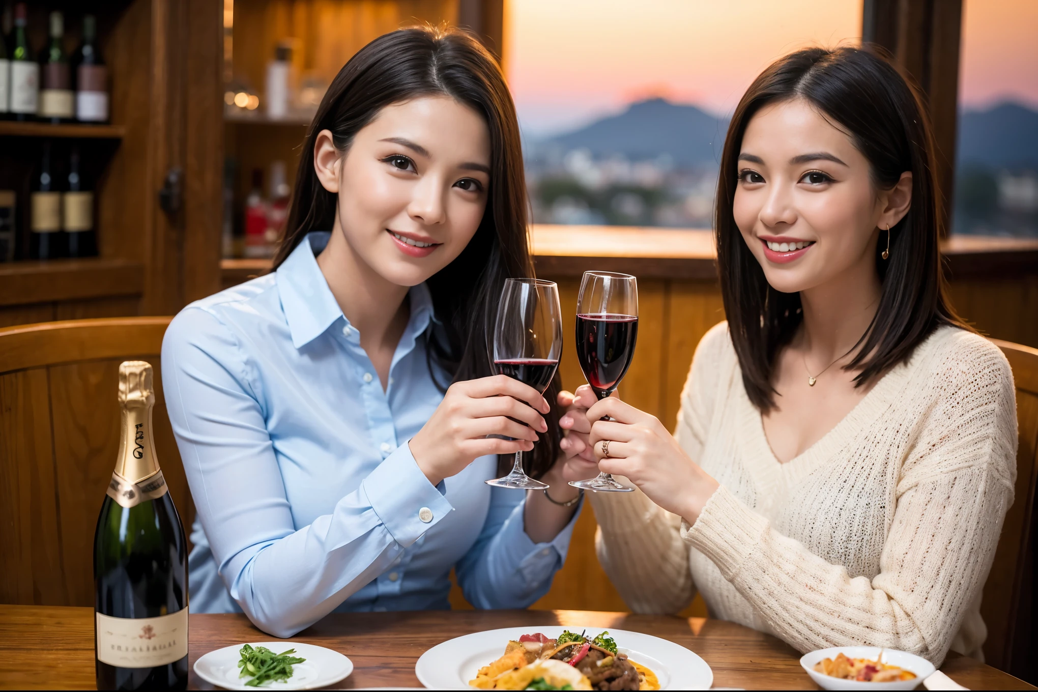 ((highest quality、8k、masterpiece:1.3))、1 male 1 female、Lovers、beautiful couple、Happy Smile、 (Slim face), (The body is スリム), (Brown Hair), (Shortcuts), ((Bob Hale、Straight hair:1.2)), テーブルの上のwine glass、Please put light on my face、 Amazing view of the sunset sky and clouds、Amazing mountain views、The wonderfulness of smiles、Bright image、Blushing, Shortcuts,Bright Face、 (Age 35), 39 years old, red wine 、Appetizers、Italian food、Wine bottle、Champagne、sparkling wine、Long sleeve shirt、dress、Attractive beauty、restaurant, Nova Frog Style, actress, model, Upper Body, White wine, red wine, wine glass, 
