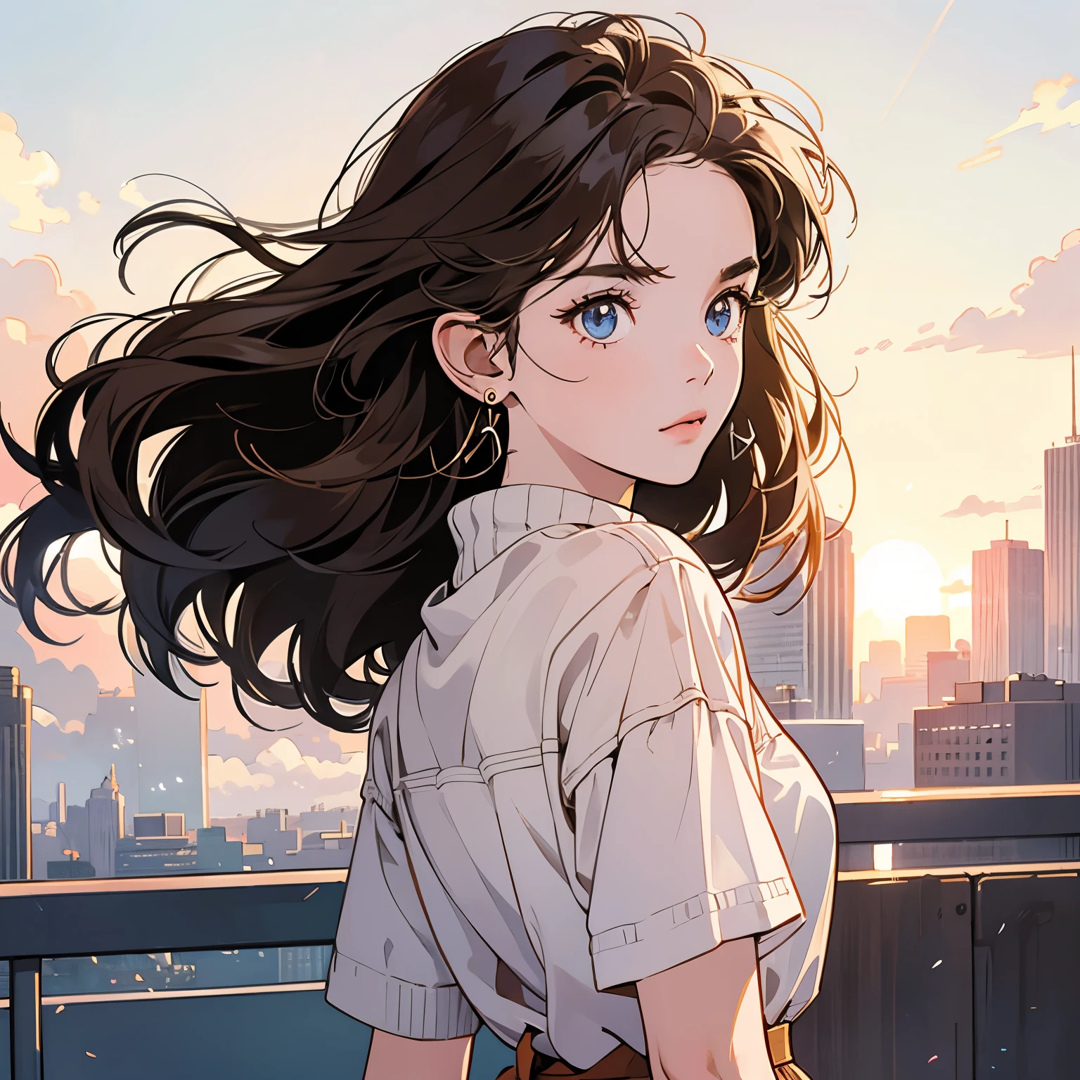 From the waist up、woman1people、highest quality、8K、The wind is blowing、Short sleeve sweater、Sunset、City of the Future、skyscraper、electric wire、pedestrian crossing、logo、line、station、(((Clear Eyes)))、(((Strong gaze)))、Brown Hair、Detailed Hair、Complex background、Detailed、Faint lighting、Backlight、dim、Clouds in the sky、front