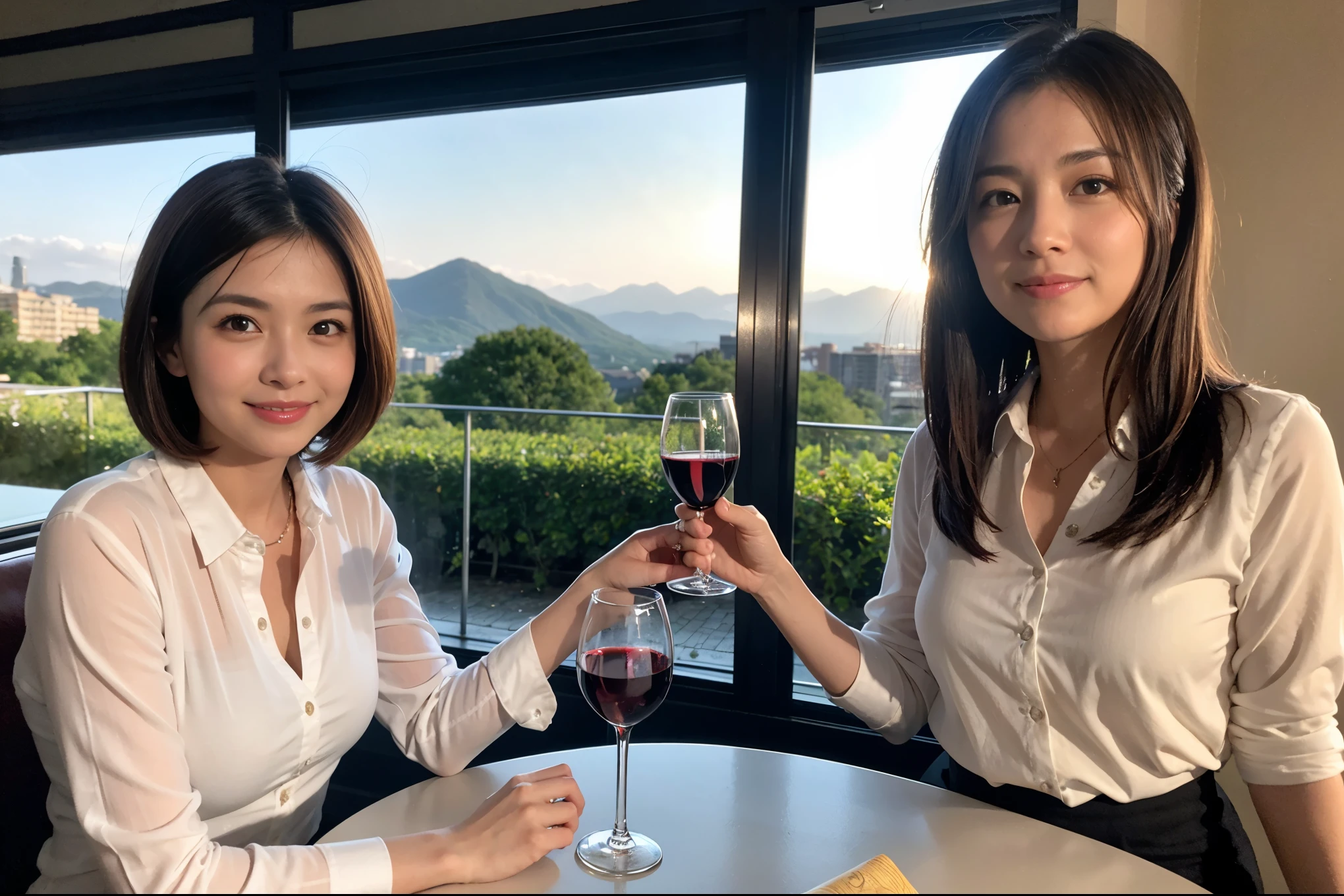 ((highest quality、8k、masterpiece:1.3))、1 male 1 female、Couple、Spouse、Couple、The body is slim、((Bob Hale、Straight hair:1.2)), (Realistic, Intricate details:1.2), テーブルの上のwine glass、Put the light on your face、 Amazing view of the sunset sky and clouds、Amazing mountain views、A bright smile、The wonderfulness of smile、Bright image、The beauty of wine, Beautiful Face, blue eyes, The light shines on your face, Blushing, short hair,Bright Face、 (Age 37), 39 years old, red wine 、Appetizers、Italian food、Wine bottle、Champagne、sparkling wine、Two beauties、Brown Hair、Shortcuts、Long sleeve shirt、dress、Pretty Woman 1, (slimな顔), (The body is slim), (Brown Hair), (Shortcuts), cheeks turn a little red,Attractive beauty、restaurant, In a prominent place (From the waist up) Nova Frog Style, actress, model, Upper Body, White wine, slim, wine glass, 中央に置かれたwine glass, smile, (smile: 1.15), Beautiful fine grain, Depth f/2,saturation, High Contrast, Strong light and shadow,Moist Body:1.5、3D texture、Delicate eyes、Brown Hair、The hair is very shiny、