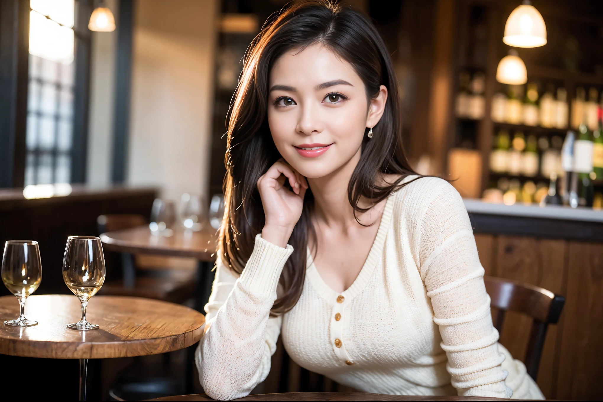((highest quality、8k、masterpiece:1.3))、1 male 1 female、Couple、Spouse、Couple、The body is slim、((Bob Hale、Straight hair:1.2)), (Realistic, Intricate details:1.2), テーブルの上のwine glass、Put the light on your face、 Amazing view of the sunset sky and clouds、Amazing mountain views、A bright smile、The wonderfulness of smile、Bright image、The beauty of wine, Beautiful Face, blue eyes, The light shines on your face, Blushing, short hair,Bright Face、 (Age 37), 39 years old, red wine 、Appetizers、Italian food、Wine bottle、Champagne、sparkling wine、Two beauties、Brown Hair、Shortcuts、Long sleeve shirt、dress、Pretty Woman 1, (slimな顔), (The body is slim), (Brown Hair), (Shortcuts), cheeks turn a little red,Attractive beauty、restaurant, In a prominent place (From the waist up) Nova Frog Style, actress, model, Upper Body, White wine, slim, wine glass, 中央に置かれたwine glass, smile, (smile: 1.15), Beautiful fine grain, Depth f/2,saturation, High Contrast, Strong light and shadow,Moist Body:1.5、3D texture、Delicate eyes、Brown Hair、The hair is very shiny、