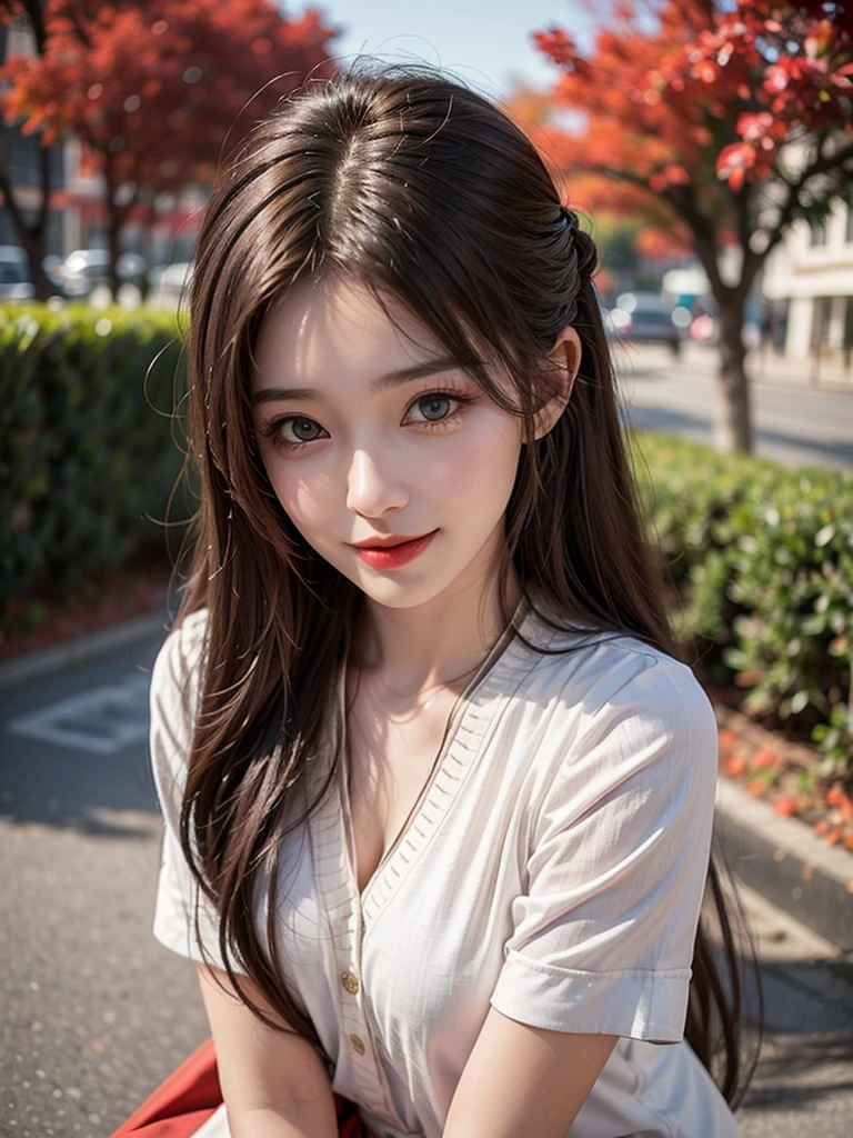 (girl,day view),(pretty,very long hair),(best quality,Super fine details),(romantic,colorful)，Symmetrical charming eyes,laugh