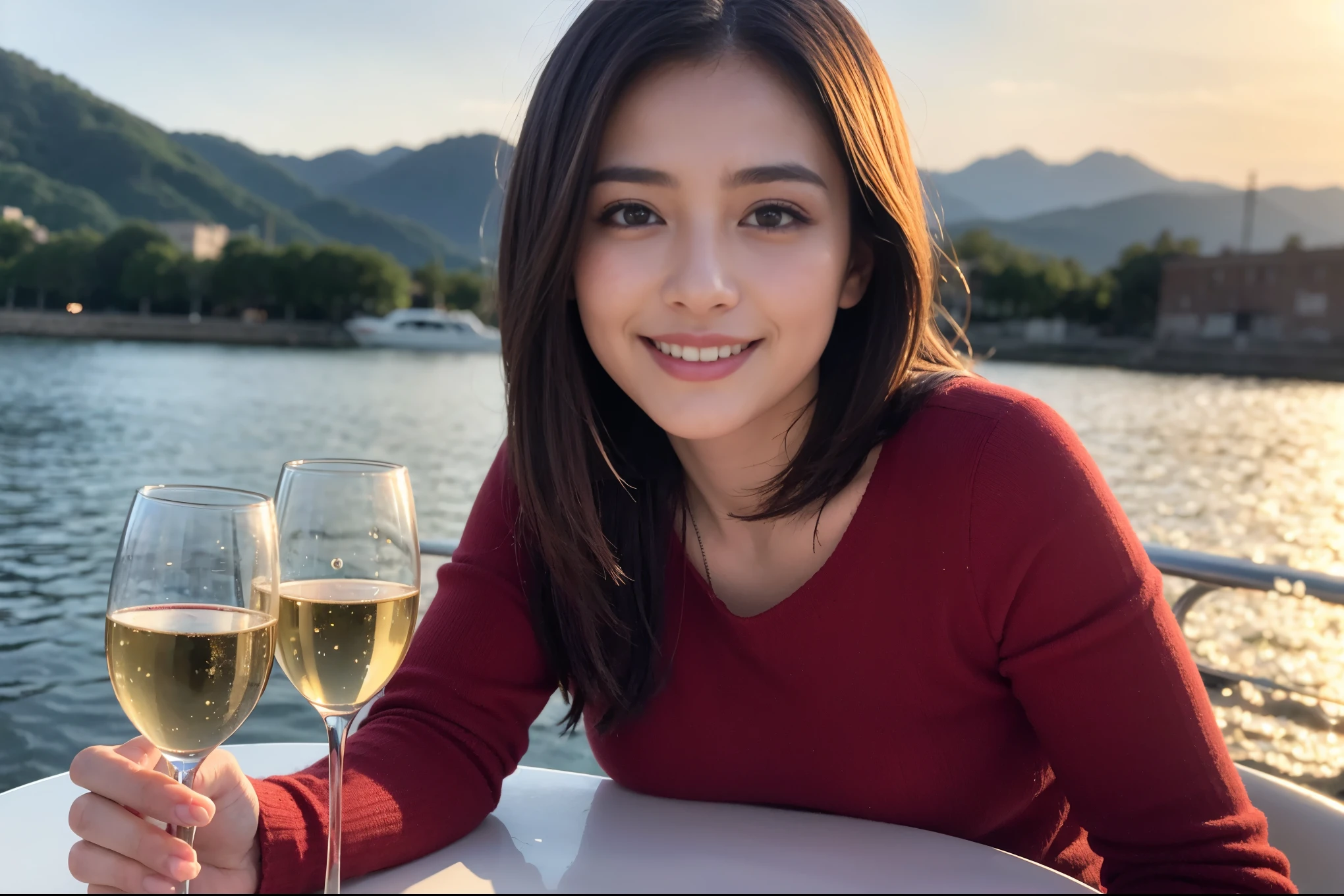 ((highest quality、8k、masterpiece:1.3))、1 male 1 female、Couple、Spouse、Couple、The body is slim、((Bob Hale、Straight hair:1.2)), (Realistic, Intricate details:1.2), テーブルの上のwine glass、Put the light on your face、 Amazing view of the sunset sky and clouds、Amazing mountain views、A bright smile、The wonderfulness of smile、Bright image、The beauty of wine, Beautiful Face, blue eyes, The light shines on your face, Blushing, short hair,Bright Face、 (Age 37), 39 years old, red wine 、Appetizers、Italian food、Wine bottle、Champagne、sparkling wine、Two beauties、Brown Hair、Shortcuts、Long sleeve shirt、dress、Pretty Woman 1, (slimな顔), (The body is slim), (Brown Hair), (Shortcuts), cheeks turn a little red,Attractive beauty、restaurant, In a prominent place (From the waist up) Nova Frog Style, actress, model, Upper Body, White wine, slim, wine glass, 中央に置かれたwine glass, smile, (smile: 1.15), Beautiful fine grain, Depth f/2,saturation, High Contrast, Strong light and shadow,Moist Body:1.5、3D texture、Delicate eyes、Brown Hair、The hair is very shiny、