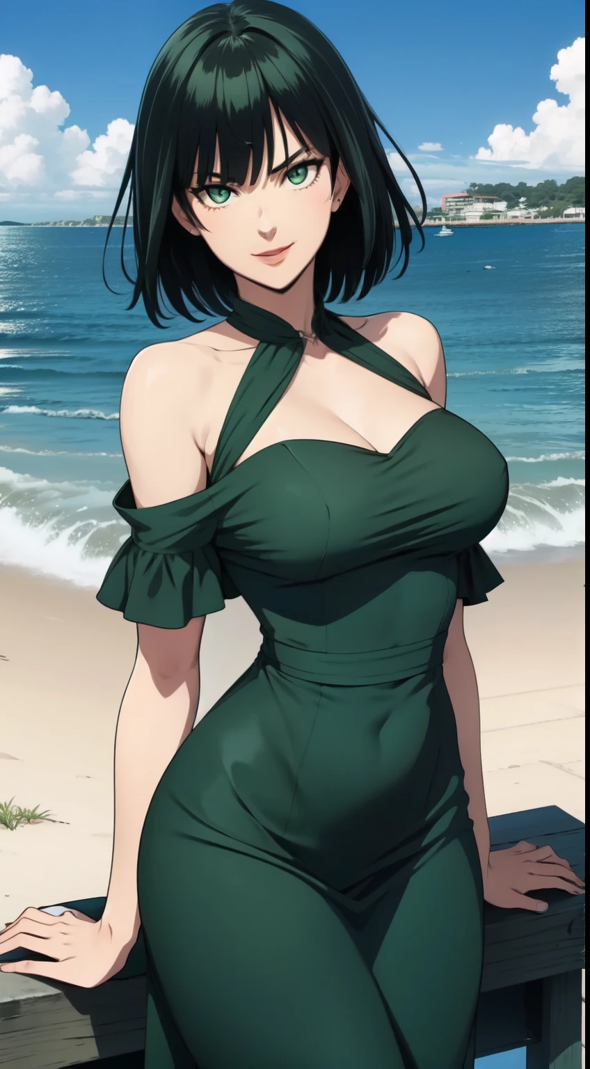 Fubuki, master piece, best image quality, facing the camera, evil smile, green skirt, Sexy tall, looking straight at the camera, short hair, Perfect body, seaside, green hair, off-the-shoulder clothes, medium breasts, cleavage, revealing dress, (1girl), sole girl, covered in,