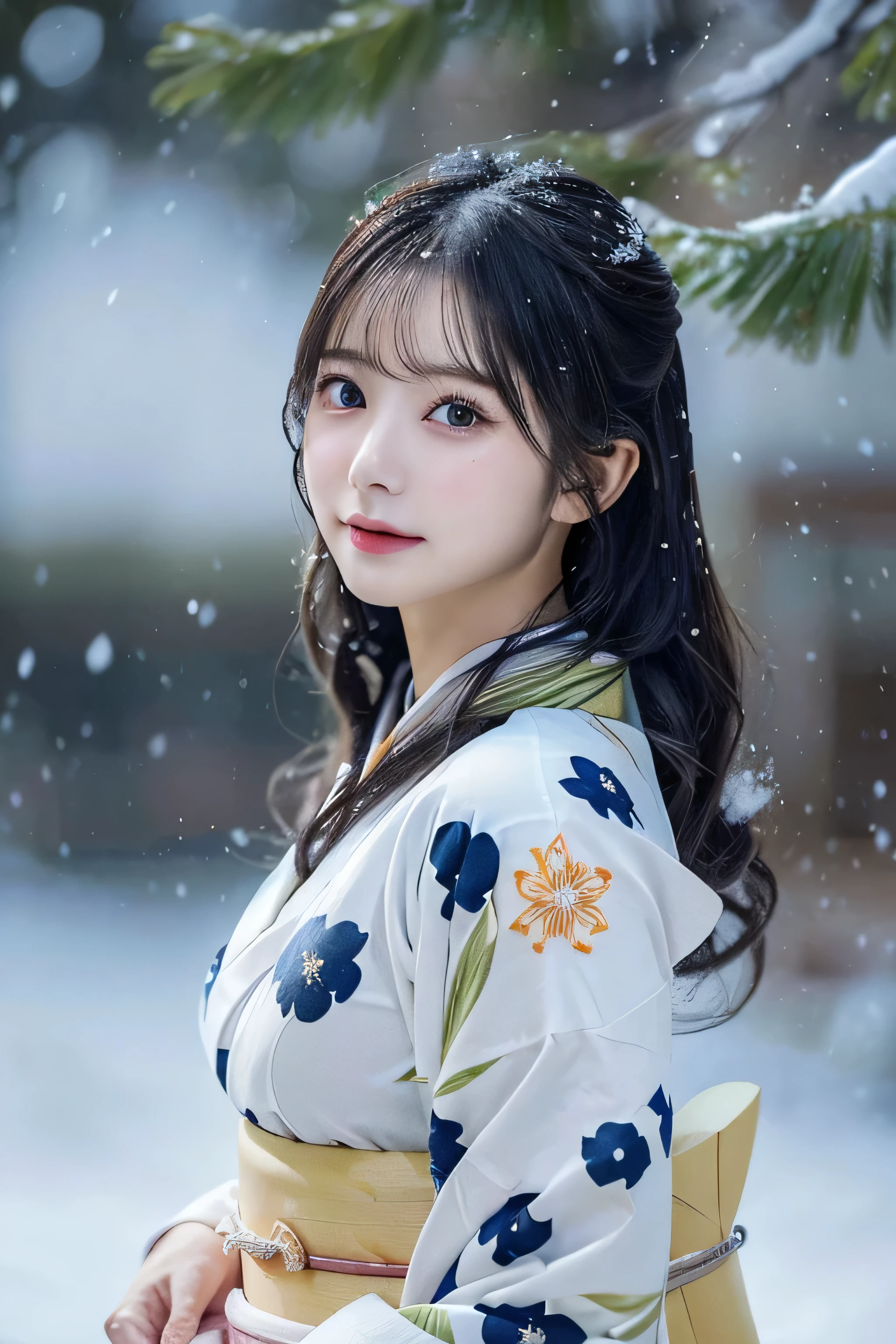 (Kawaii Kimono:1.3)、、(top-quality,masterpiece:1.3,超A high resolution,),(ultra-detailliert,Caustics),(Photorealsitic:1.4,RAW shooting,)Ultra-realistic capture,A highly detailed,high-definition16Kfor human skin、 Skin texture is natural、、The skin looks healthy with an even tone、 Use natural light and color,One Woman,japanes,,kawaii,A dark-haired,Middle hair,(depth of fields、chromatic abberation、、Wide range of lighting、Natural Shading、)、、(Falling snow:1.3)、(Hair swaying in the wind:1.3)、(Snow reflects light:1.3) 、(Large Breasts:1.3)、
