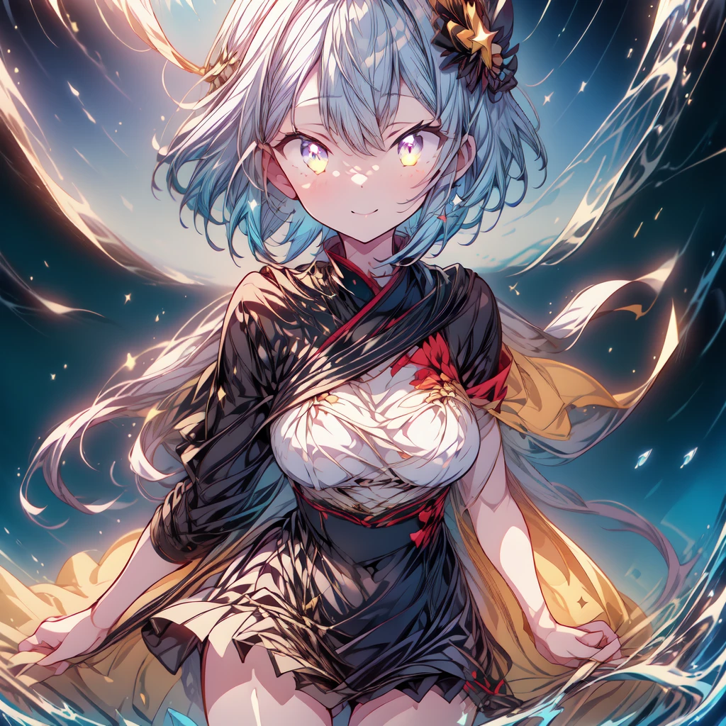 (((1girl)))、starの妖精、kirakira_eyes、tareme、headshot、Face close-up、closeup shot、(((highest quality、Masterpiece、The best composition、Golden Ratio、Official Art、Super detailed、Super detailedな目)))、Big round black eyes、smile、Droopy and big eyes、Light blue and light pink eyes、ultra detailed, from front, headshot、 blue and white hair color、Short bangs above eyebrows、Short Hair、Standing in front of the viewer、着物とゴスロリをリメイクしたMilky Way柄の洋服で濃紺と水色を基調にした色、The sleeves are long and the hands are hidden、Knee-high boots、Pure white simple background、star、Milky Way、universe、流star群、