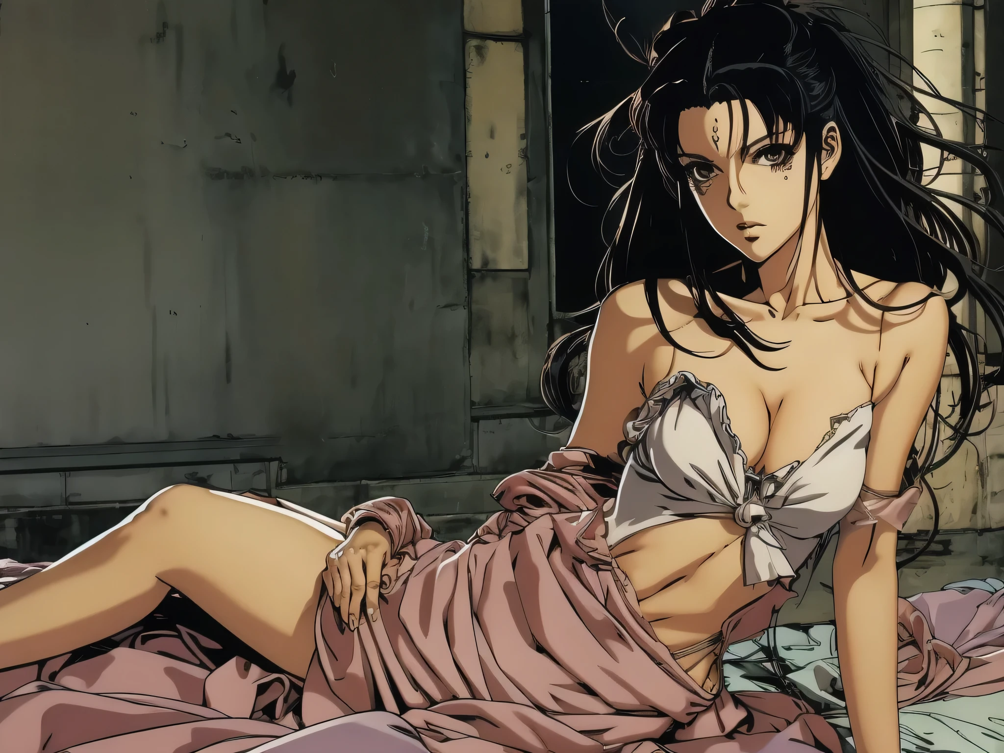 anime painting of a woman in a white dress sitting on a bed, by Masamune Shirow, seductive anime girl, manara, style of masamune shirow, anime poster film still portrait, by amano, anime ninja scroll, anime 90s, yoshitaka amano photorealistic, kentaro miura art, inspired by Masamune Shirow