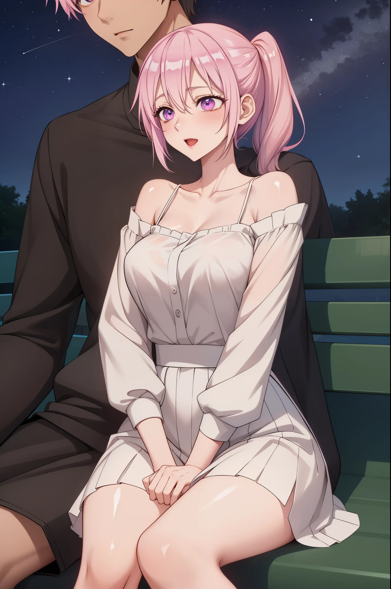 "A romantic scene with Shikimori from Shikimori's Not Just A Cutie and her boyfriend in a park at night, sitting on a bench under the stars. Shikimori, with light pink hair and a cheerful expression, is leaning on her boyfriend's shoulder, holding hands. Shikimori should have intense eyes and look confident. The scene is filled with warmth and love, with a clear starry sky above them. Anime style."