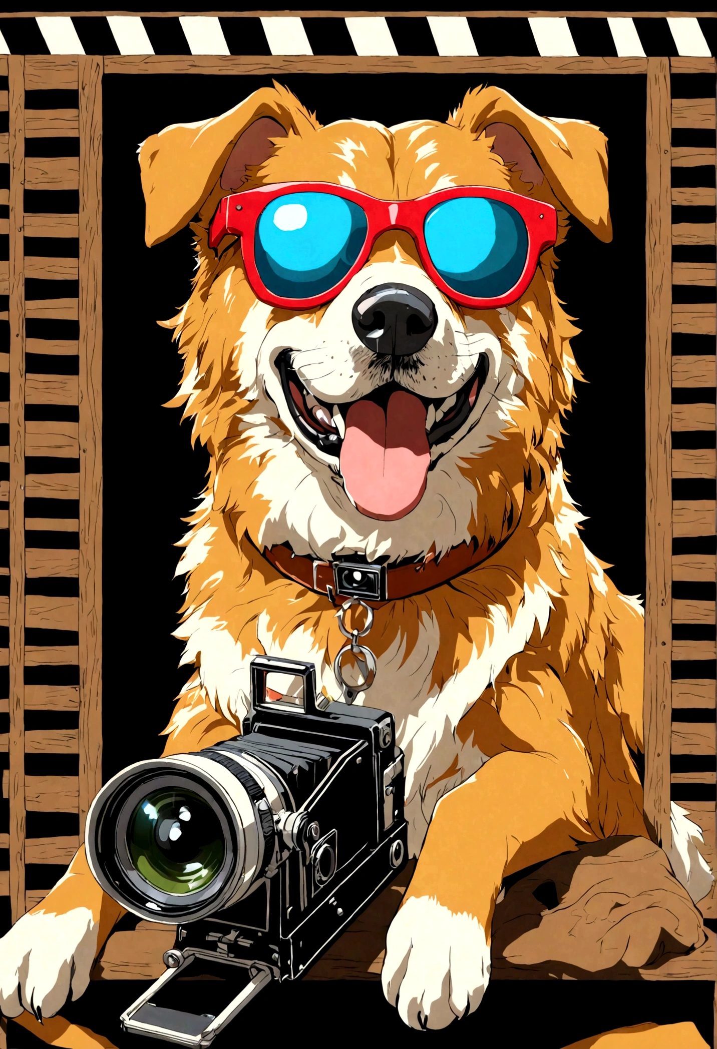 create a drawing of a caramel mongrel (only the color of the dog is caramel, don't use caramel for the rest of the image) with 3d glasses, a clapperboard and a classic Hayao Miyazaki style camcorder on a black background