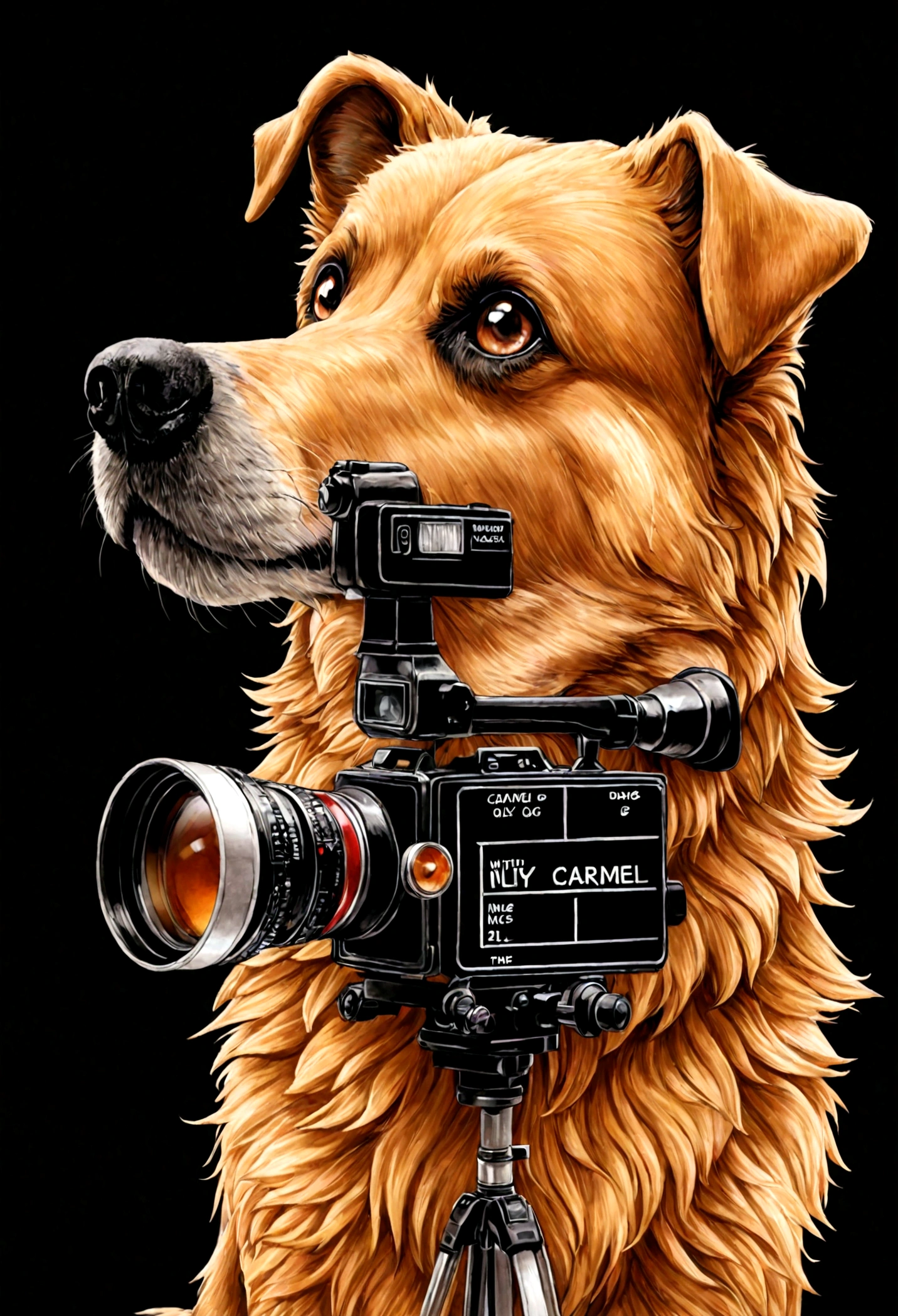 create a drawing of a caramel mongrel (only the color of the dog is caramel, don't use caramel for the rest of the image) with 3d glasses, a clapperboard and a classic Hayao Miyazaki style camcorder on a black background