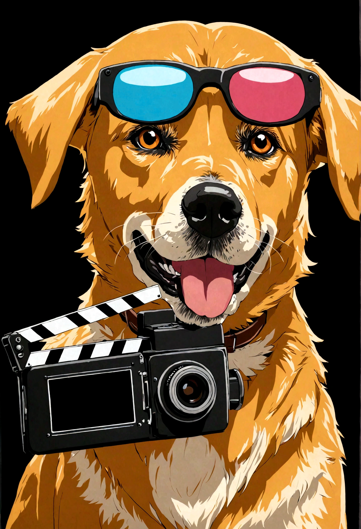 create a drawing of a caramel mongrel (only the color of the dog is caramel, don't use caramel for the rest of the image) with 3d glasses, a clapperboard and a classic Hayao Miyazaki style camcorder on a black background