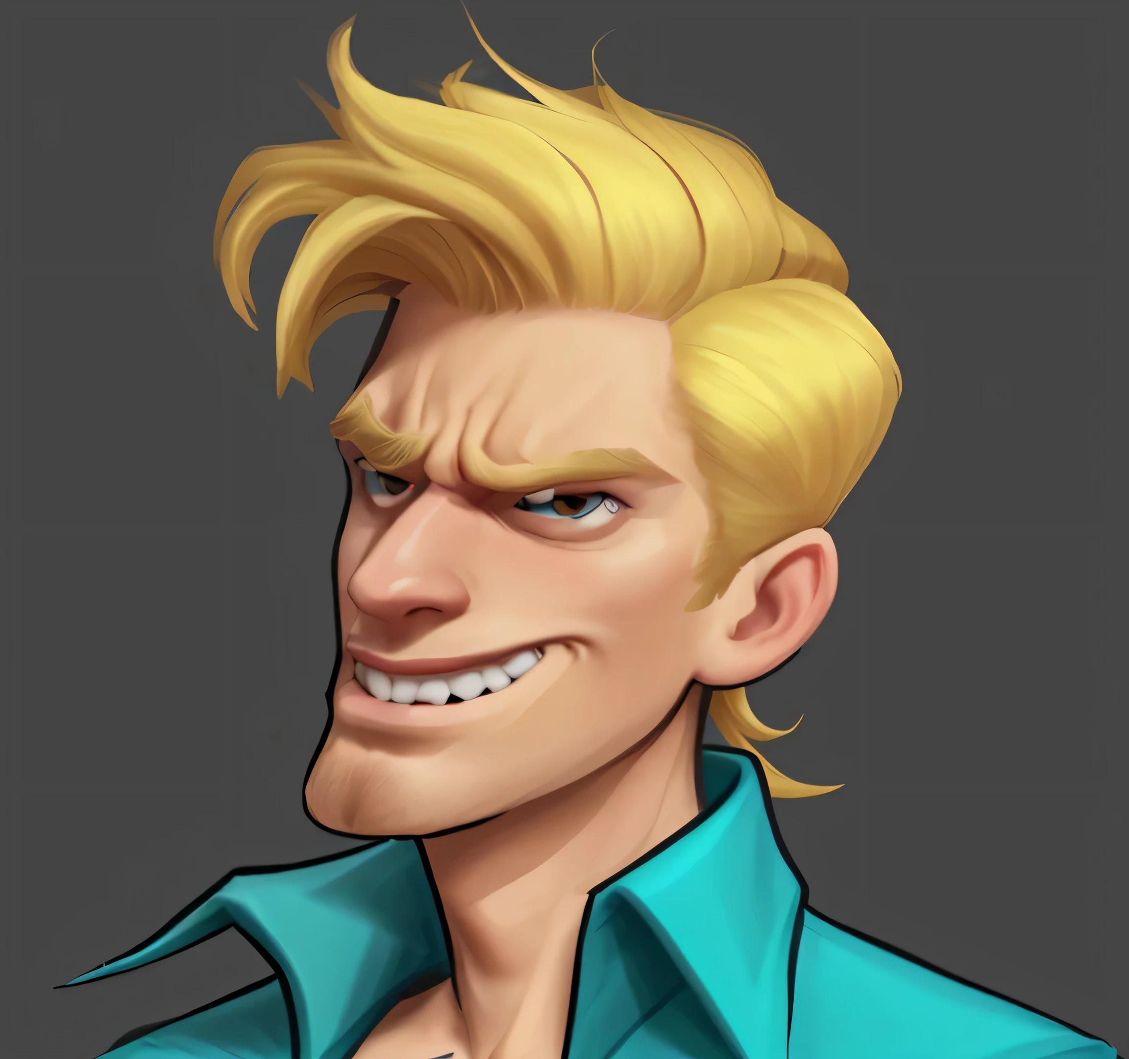 A man，blonde， Bad expression，Pompous，Vicious，douchebag，Side parting hairstyle，Flowing and fluffy hair