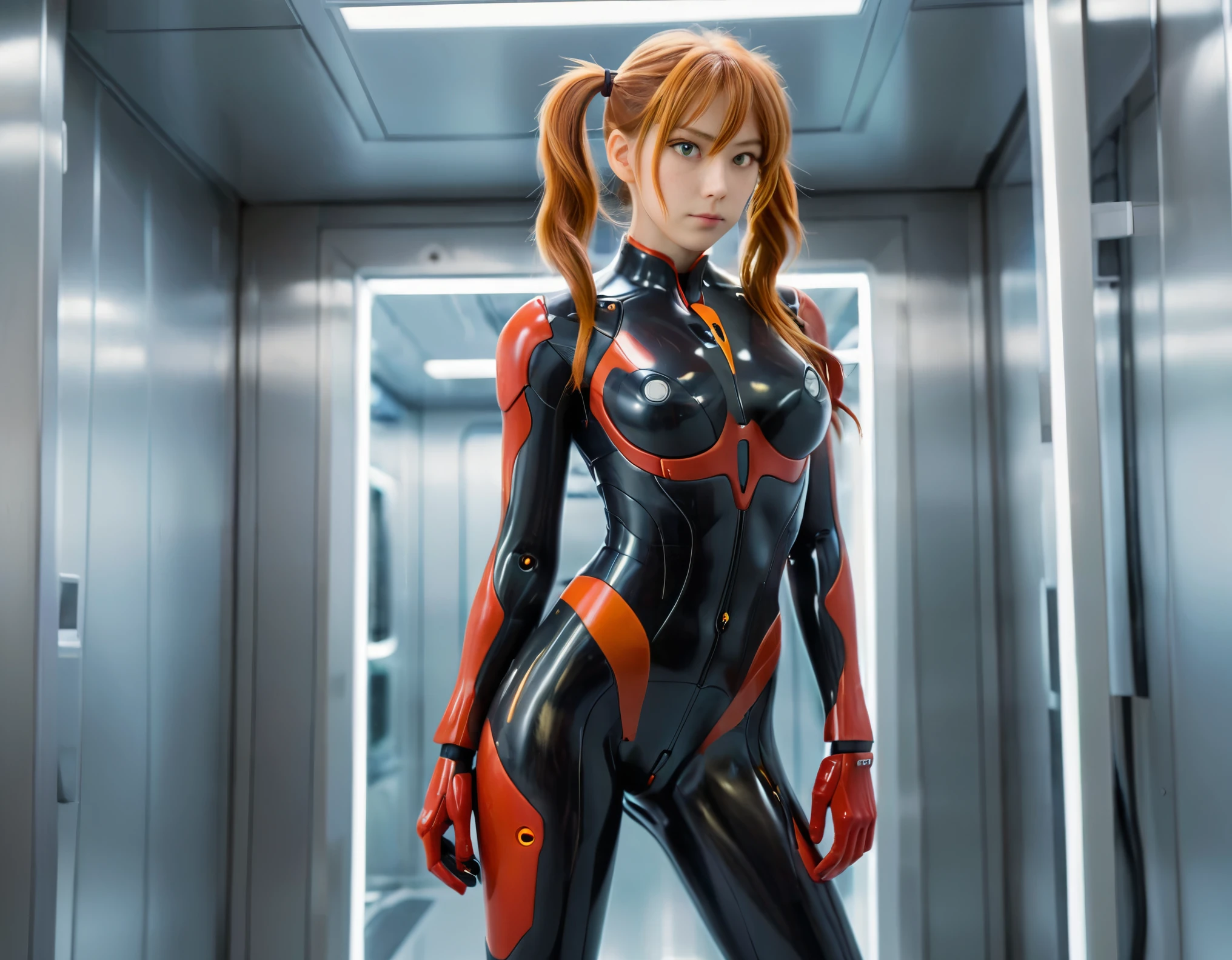 A female character in a futuristic setting, inspired by Asuka Langley Soryu from Neon Genesis Evangelion. The character is depicted in a mid-leap pose, wearing a sleek, form-fitting red and black plug suit with mechanical and high-tech details. She has long, flowing orange hair tied in pigtails, accentuated by her determined expression. The background is a simple, dark, gradient backdrop, emphasizing her action pose and the glossy texture of her suit. The lighting highlights her form and the reflective surfaces of her outfit, adding a sense of realism and depth, Style ultra realistic photo, vibrant color, 8k