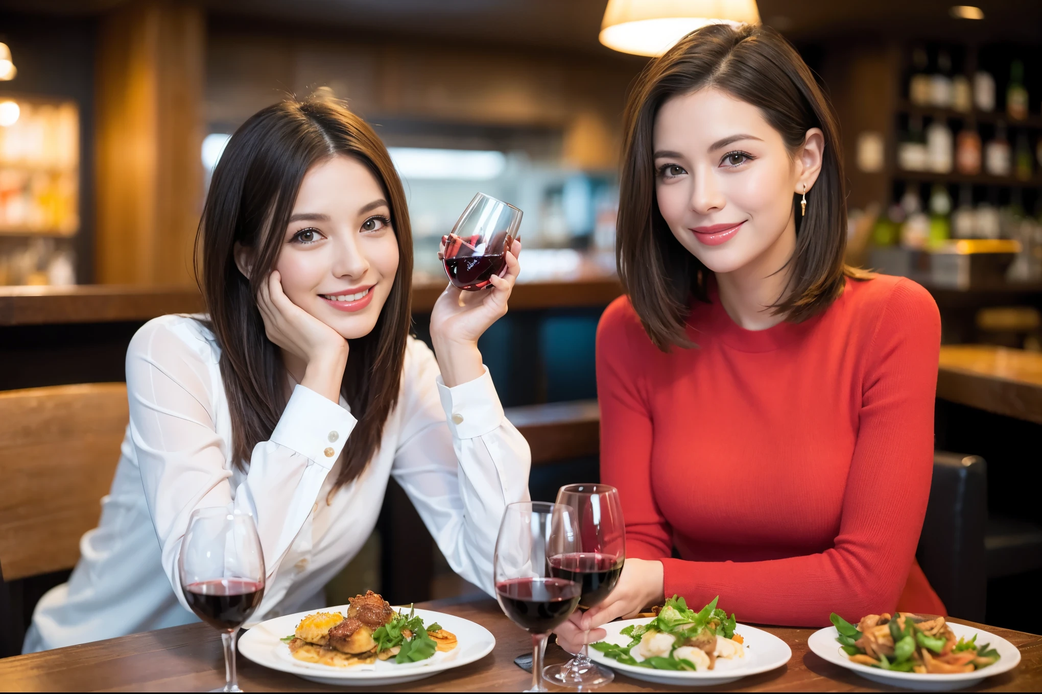 ((highest quality、8k、masterpiece:1.3))、1 male 1 female、Lovers、beautiful couple、Happy Smile、 (Slim face), (The body is スリム), (Brown Hair), (Shortcuts), ((Bob Hale、Straight hair:1.2)), テーブルの上のwine glass、Please put light on my face、 Amazing view of the sunset sky and clouds、Amazing mountain views、The wonderfulness of smiles、Bright image、Blushing, Shortcuts,Bright Face、 (42 years old), 39 years old, red wine 、Appetizers、Italian food、Wine bottle、Champagne、sparkling wine、Long sleeve shirt、dress、Attractive beauty、restaurant, Nova Frog Style, actress, model, Upper Body, White wine, red wine, wine glass,