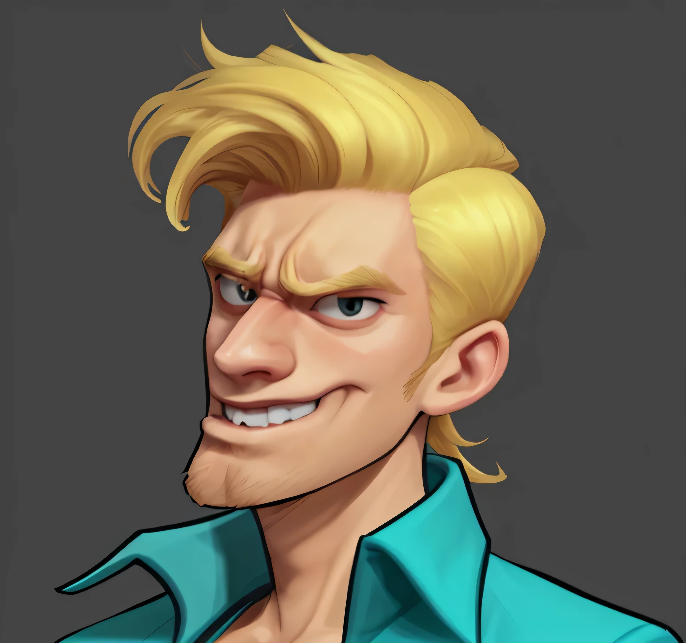 A man，blonde， Bad expression，Pompous，Vicious，douchebag，Side parting hairstyle，Flowing and fluffy hair
