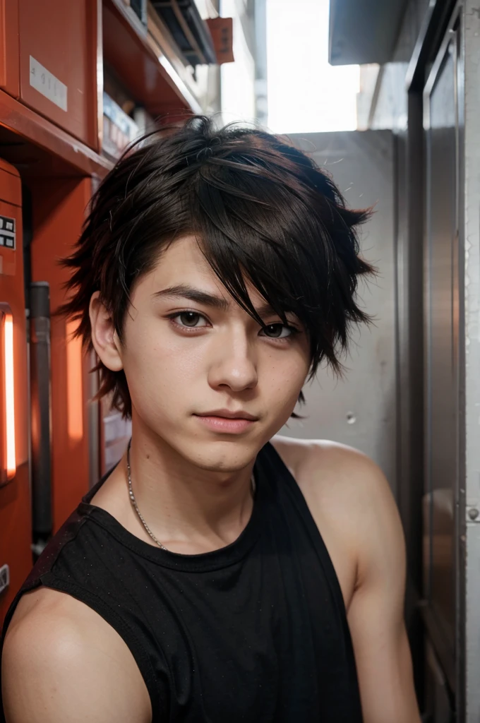 Anime boy hair like Bakugo's black color left eye color green right eye color blue skin color thirty-something slim exercised clothing style dark perfect face perfect body
